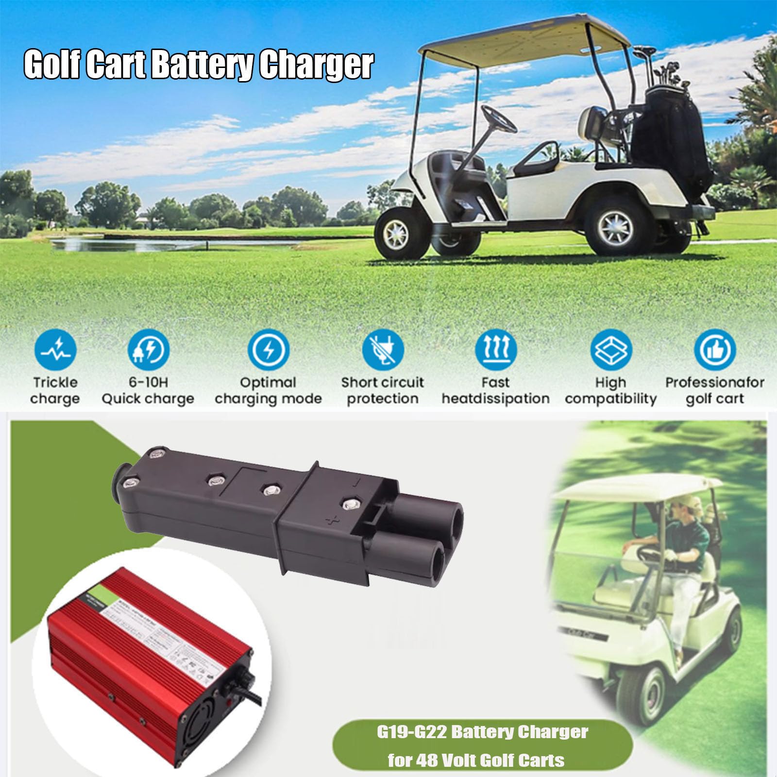 Cargador Batería para Carrito Golf 48V, 5A/6A/8A/15A/17A/18A, Cargador Batería Plomo-Ácido para Carritos Golf G19-G22 De 48 Voltios con Enchufe 2 Pines