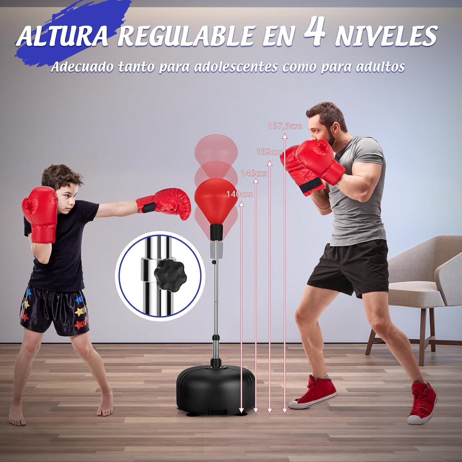 GOPLUS Juego de Saco de Boxeo, Set de Boxeo de Pie con Guantes, 140-158 cm Altura Ajustable y Base Rellenable, para Entrenamiento de Artes Marciales, Hogar Gimnasio, para Niños y Adultos