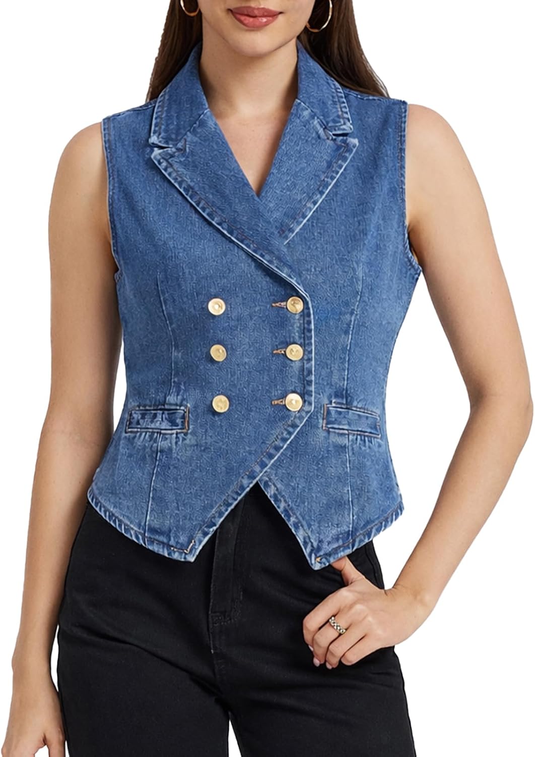 Ladyful Denim Vest Tops for Women Lapel V Neck Sleeveless Jean Vests Casual Button Down Western Suit Waistcoat Jacket - Image 7