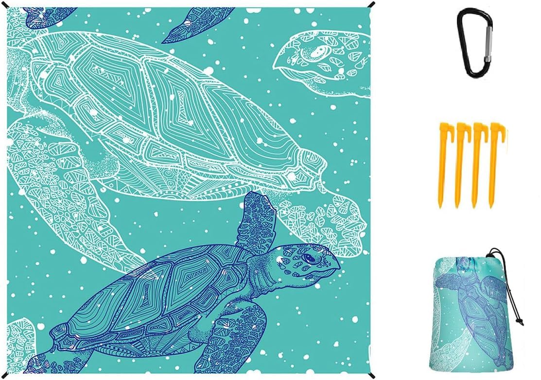210x200cm Sandproof Waterproof Beach Blanket, Foldable Outdoor Picnic Mat with 4 Fixed Nails, Turtle Print for Camping Hiking-Ling