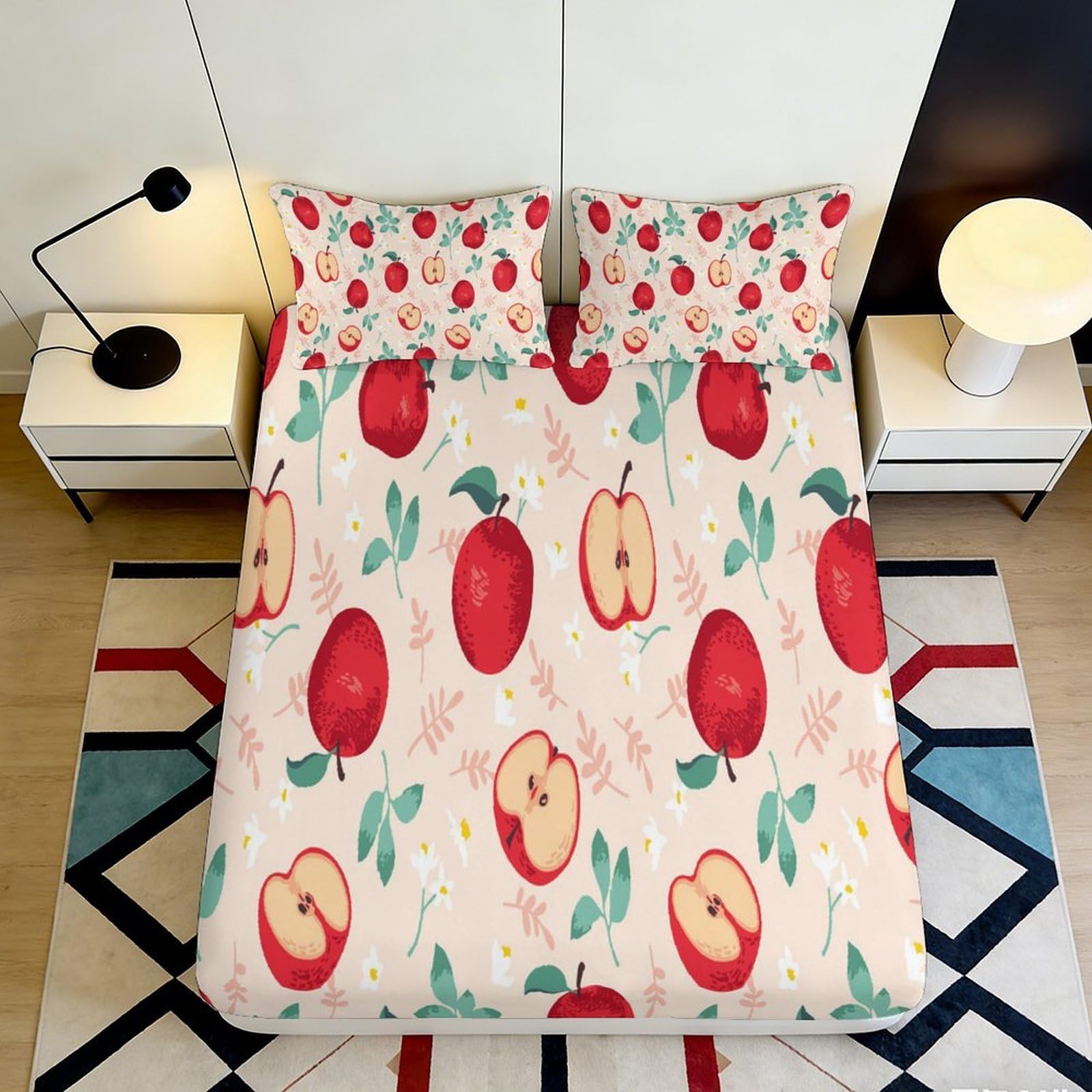 Dhbaneiok Style-3 3D Printed Red Apple Fitted Sheet Microfiber Soft Fruit Pattern Bed Cover For Bedroom Dorm Mattress Protection Decor 90X200x25cm