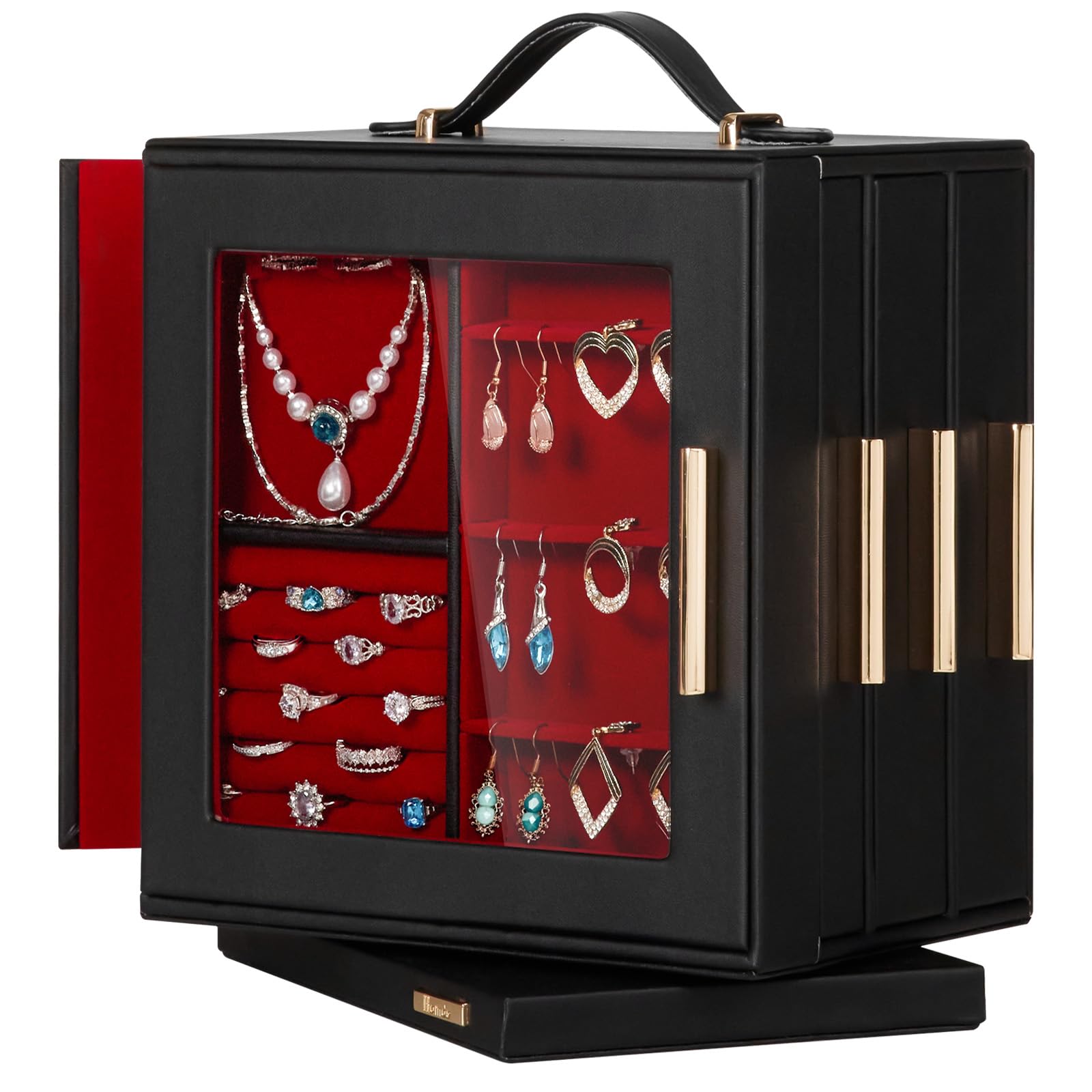 Homde Valentine's Day Gifts Jewelry Box 360° Rotating, Necklace Earring Organizer with Transparent Window, Mirror, 7 Drawers, Large Ring Display