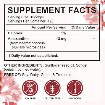 Astaxanthin Supplement 12mg – Powerful Antioxidant Softgels, 120 Capsules 4 Month Supply, Eye Skin Joint Heart & Immune Support, Natural Non-GMO, Gluten Free