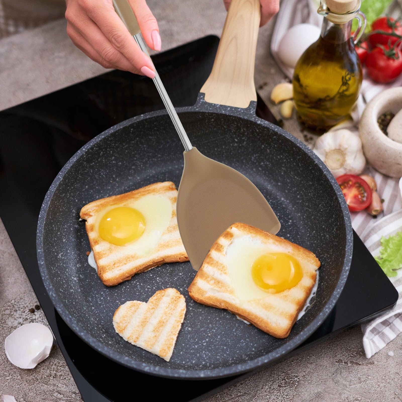 Spatola in silicone resistente al calore, antiaderente, manico lungo, per casa e ristorante, design sicuro anticorrosione per wok e frittura in padella