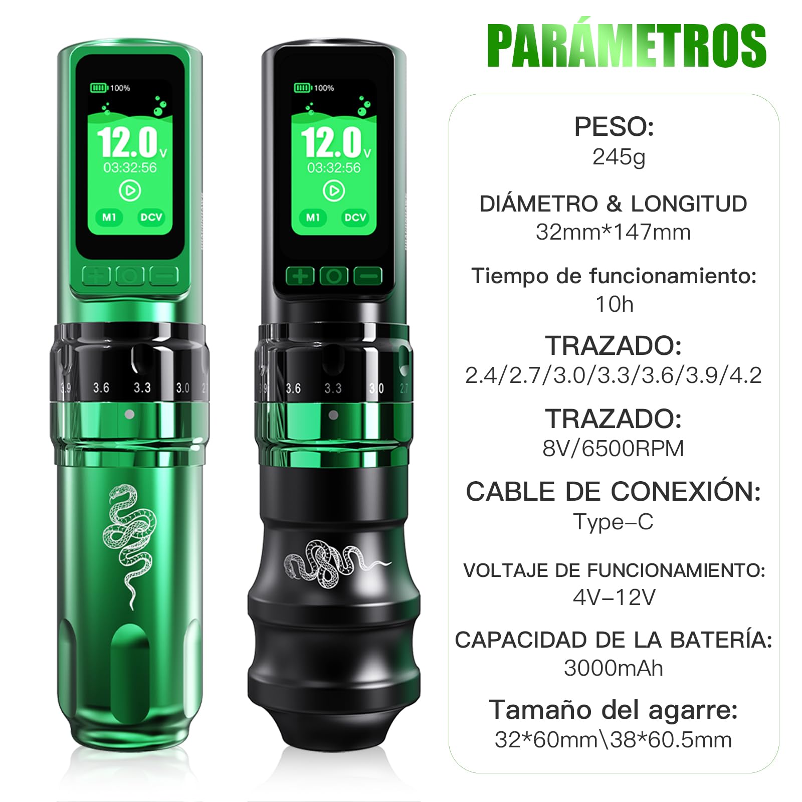 Dragonhawk Fold Pro Year of Snake Edition Rotary Tattoo Pen Inalámbrica Mcore-C3, 3000mAh con 2 Baterías