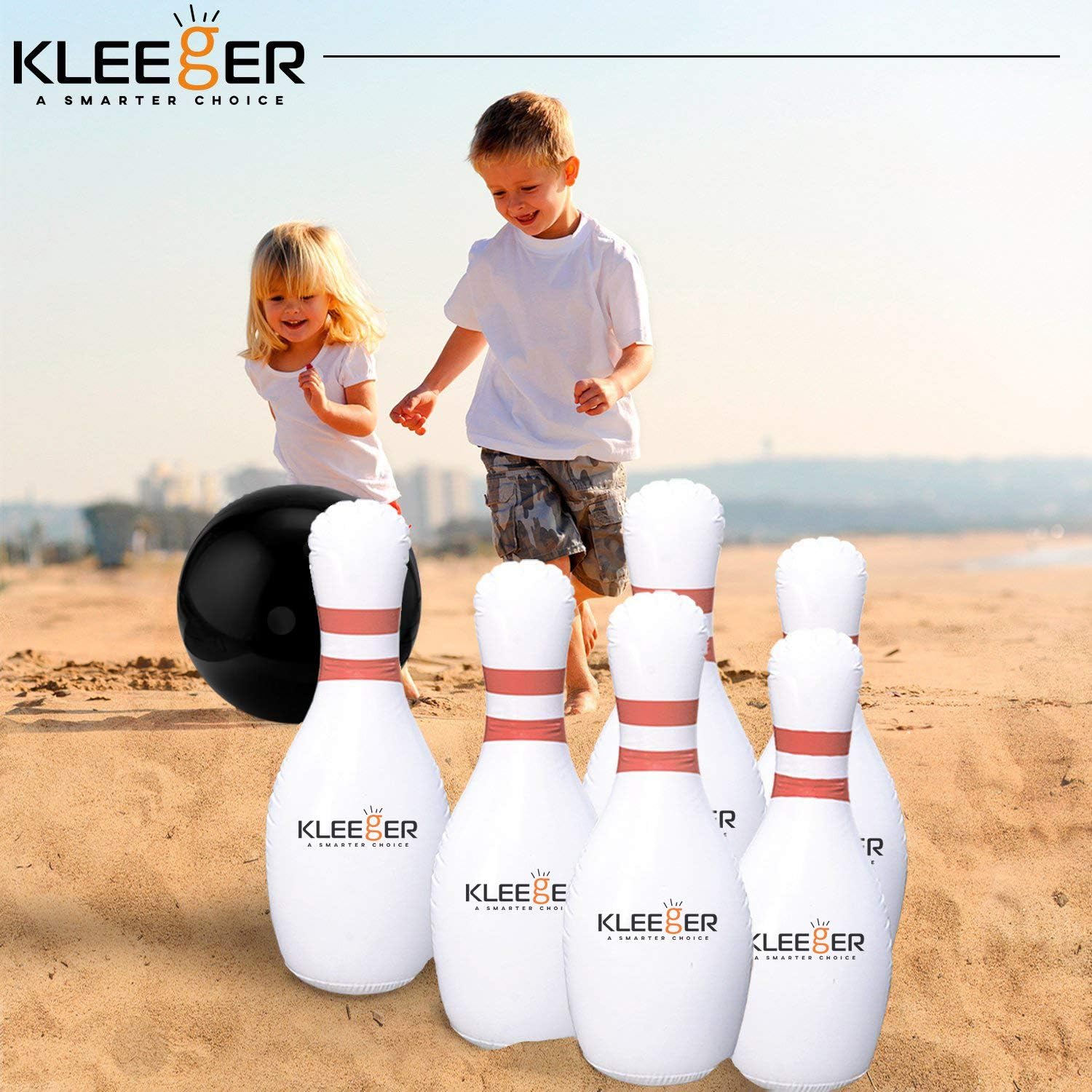 Kleeger Giant Inflatable Bowling Set, 6 Huge Life Size Large Jumbo 24 Inch Pins And Extra Big 18 Inch Ball, Great On Lawn And Yard, Indoor And Outdoor Game For Kids And Adults With Bonus Pump