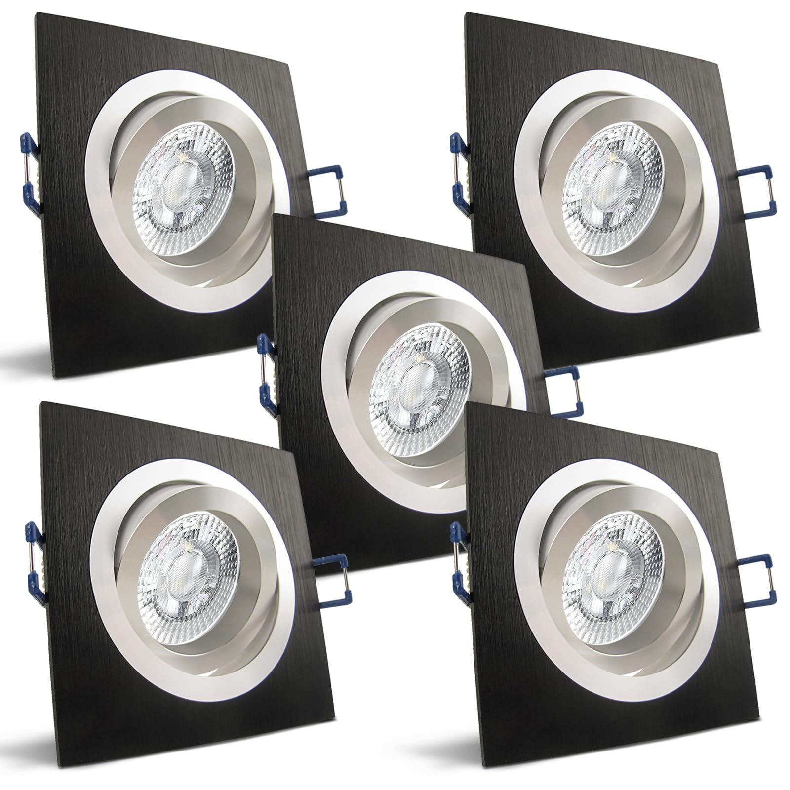 trendlights24 Noble LED Einbaustrahler flach Alu Schwarz 230V 5er Set 5W | extra flach, Einbautiefe 35 mm, LED Spots, Warmweiß, 3000k, 50° Abstrahlwinkel, Decken Einbauleuchte, eckig, schwenkbar