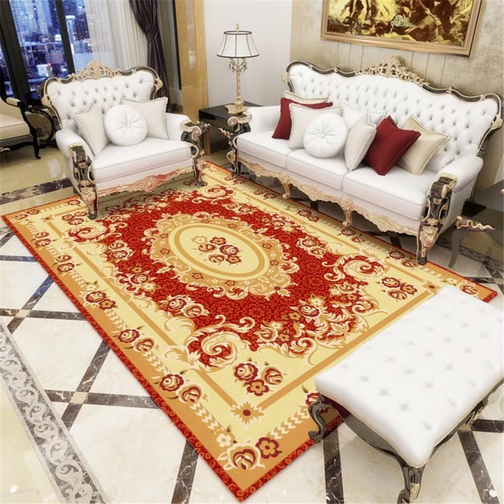 Tapis de chambre fille ou garçon rouge et jaune pour un salon cosy