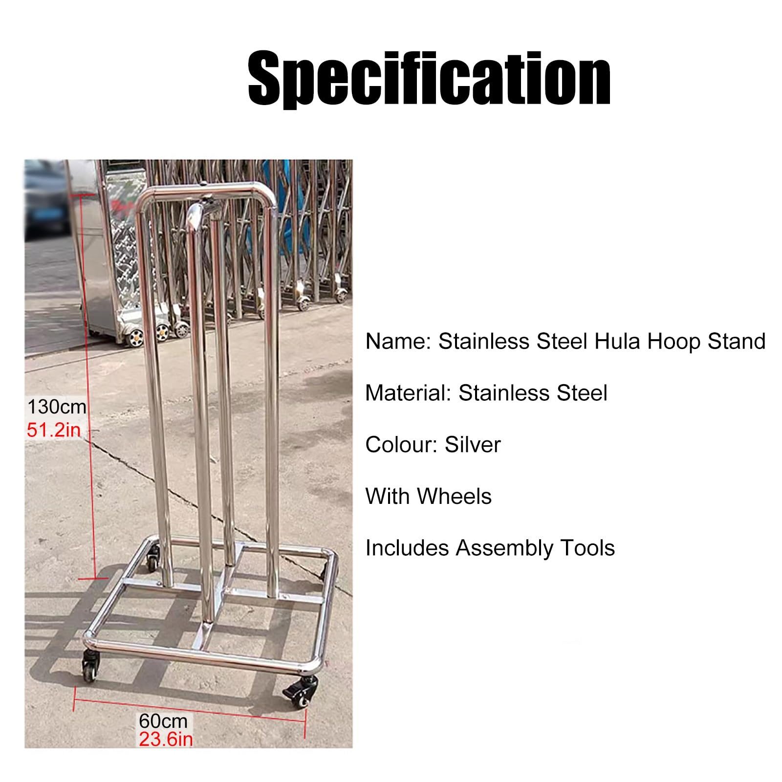 Supporto per Hula Hoop Supporto per giocattoli in acciaio inossidabile, supporto per hula hoop con ruote, supporto portatile per anelli da ginnastica per interni ed esterni