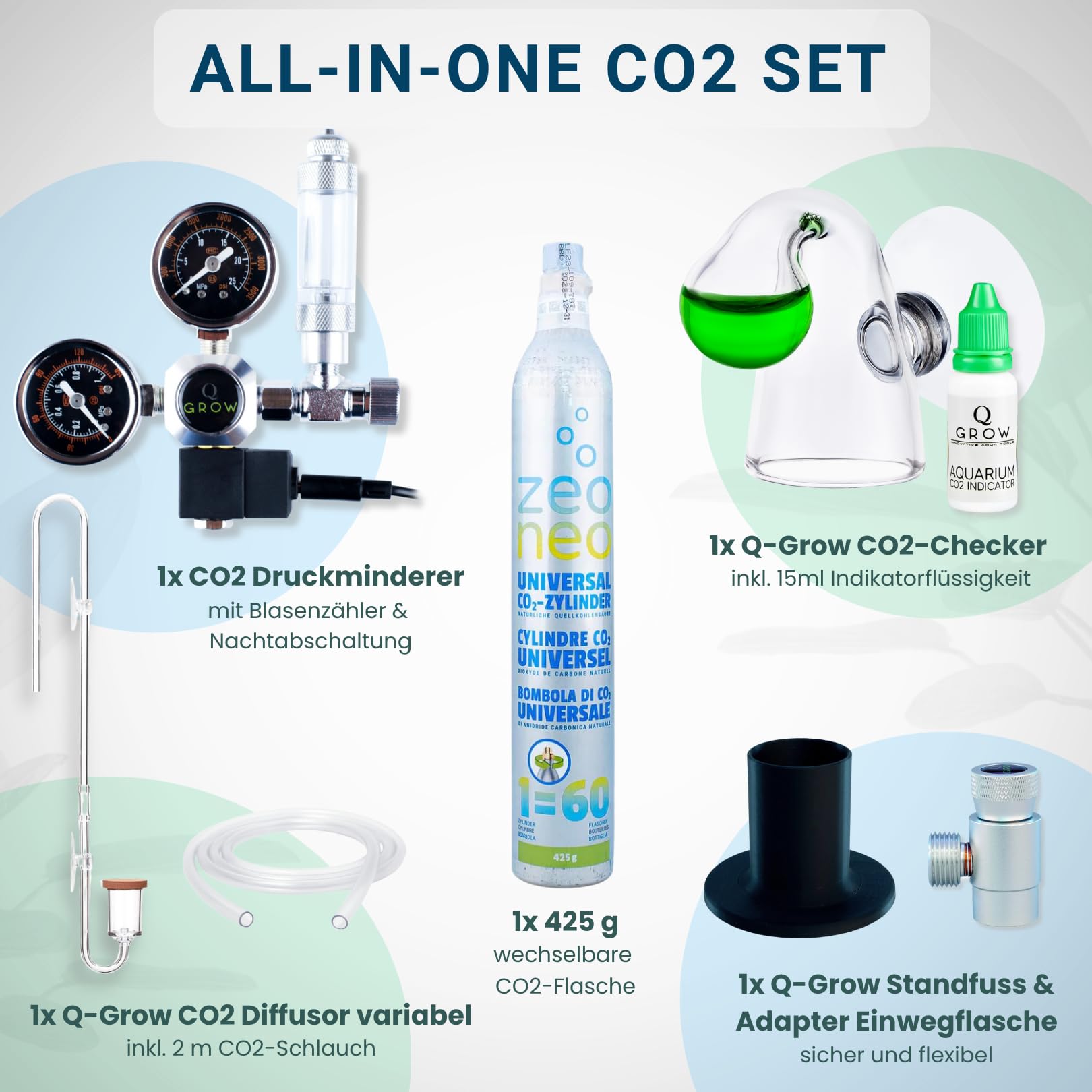 Q-Grow CO2 Anlage Aquarium Komplettset – einfach und universell - Inkl. transparentem Diffusor, Dauertest, Druckminderer, 425g CO2 Flasche, bis 1000L