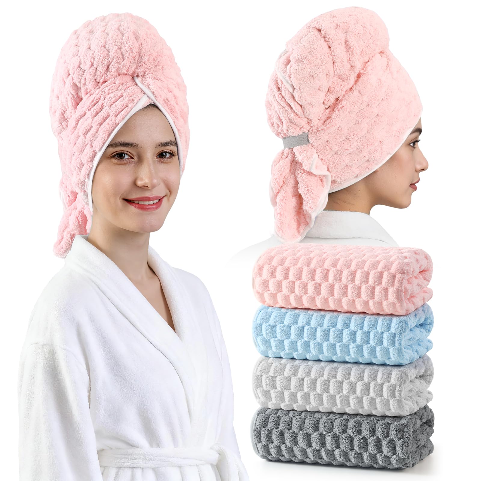 REDKISS 4 Pack Extra Large Hair Towels - Microfiber Hair Towel Wrap for Women, 23 x 47 inches Hair Towels with Elastic Strap, Super Soft Hair Drying Towels for Long, Thick, Curly Anti Frizz Turbans