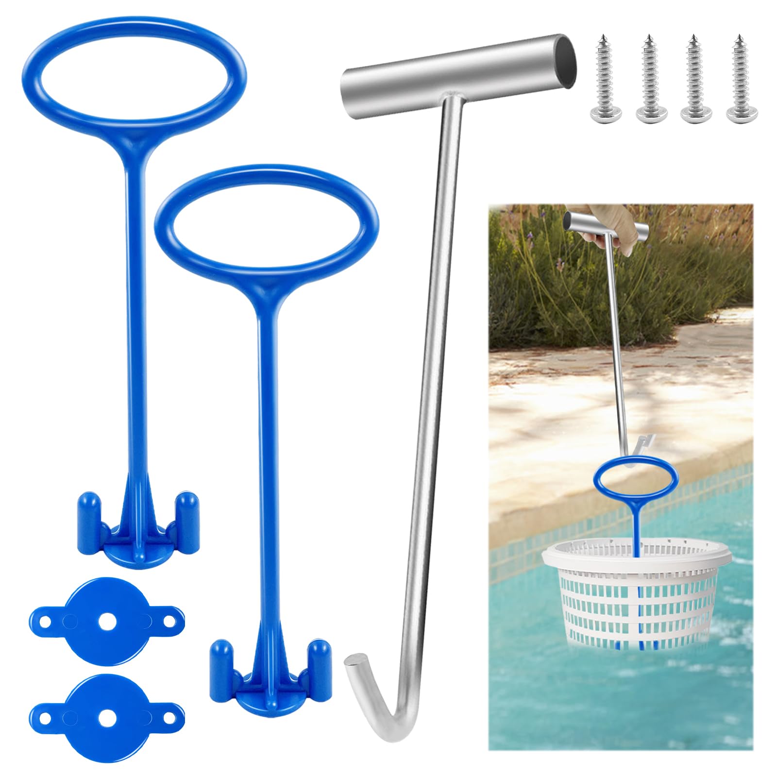 2 asas de cesta de skimmer de piscina con gancho de cesta de skimmer de piscina, herramienta de limpieza universal para todas las cestas de skimming, herramienta de limpieza de mango de cesta