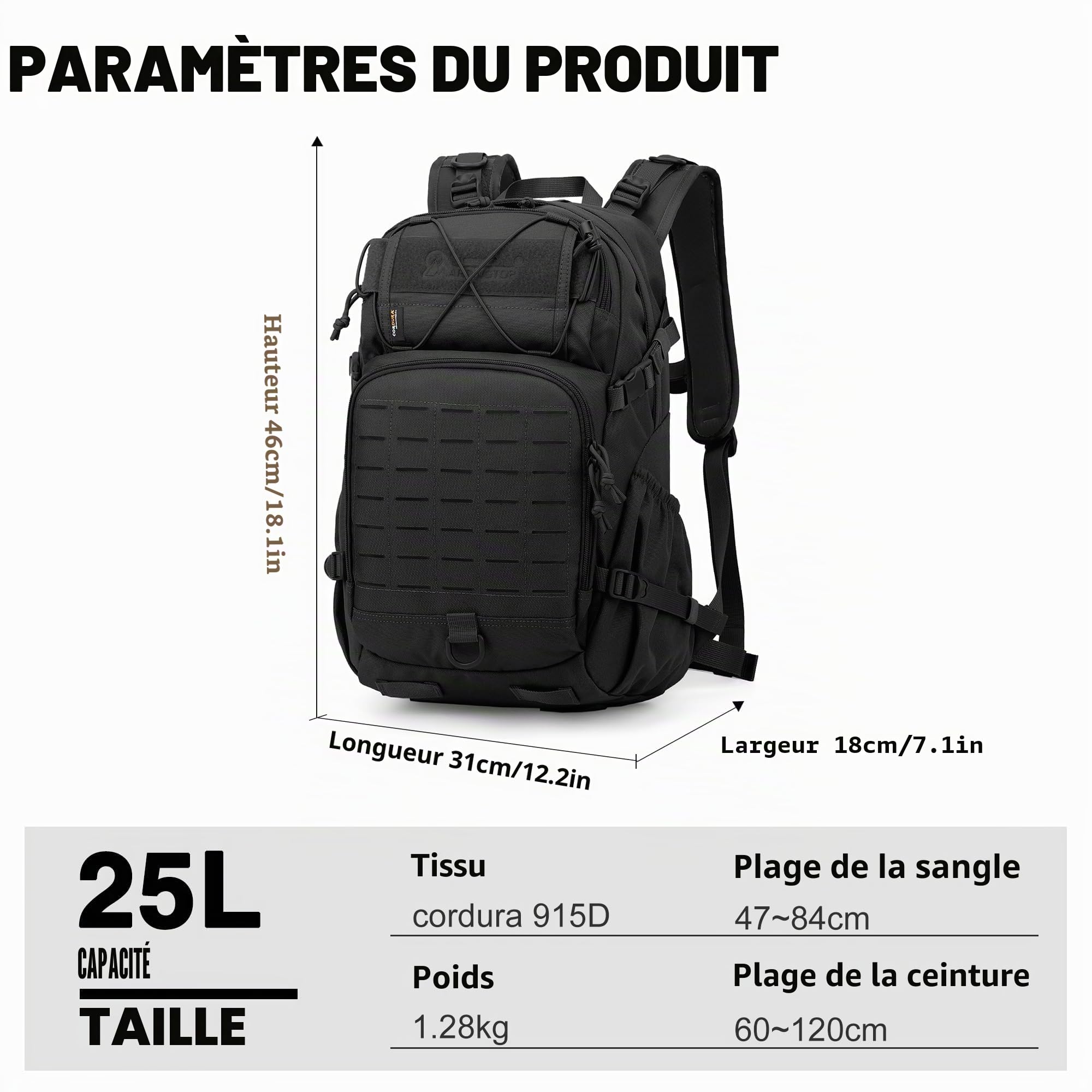 Mardingtop Sac à dos tactique de 25 l - Sac à dos de randonnée - Multiples compartiments - Sac à dos de voyage - Sac à dos de trek