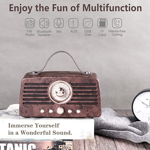 Miniatura 3 de Aurtec - Altavoces Bluetooth retro, altavoz inalámbrico portátil Bluetooth 4.2 con radio FM, altavoz estéreo para el hogar con potente sonido y