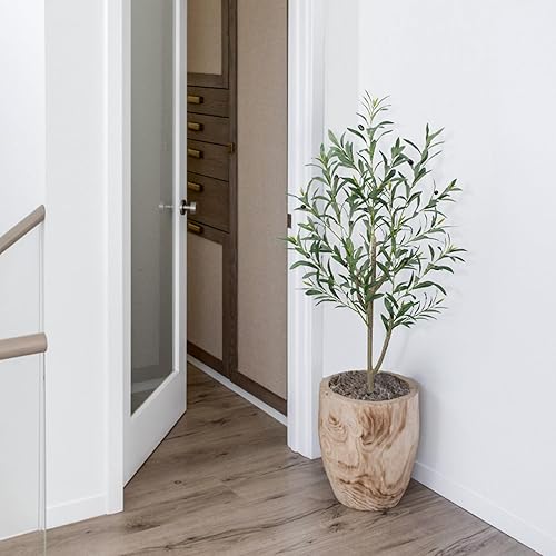 Miniatura 5 de Árbol de olivo artificial, planta falsa de 4 pies de alto con maceta de plástico para decoración de oficina y hogar, planta artificial decorativa
