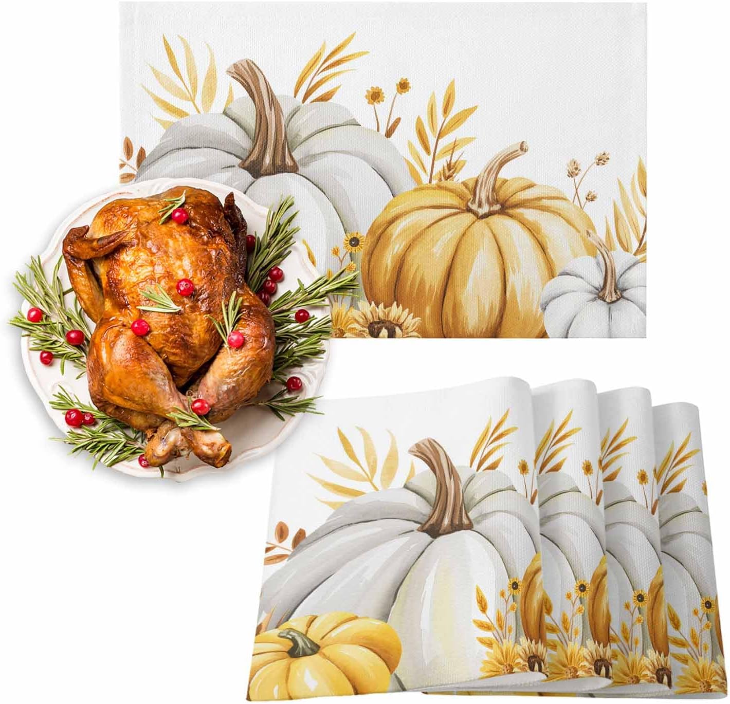 Placemats Set of 12,Autumn Pumpkin Leaf Flower Heatproof Non-Slip Table Mats Place Mat,Thanksgiving White Yellow Plant Linen Washable Placemat for Kitchen Dinning Indoor Outdoor Party Decor