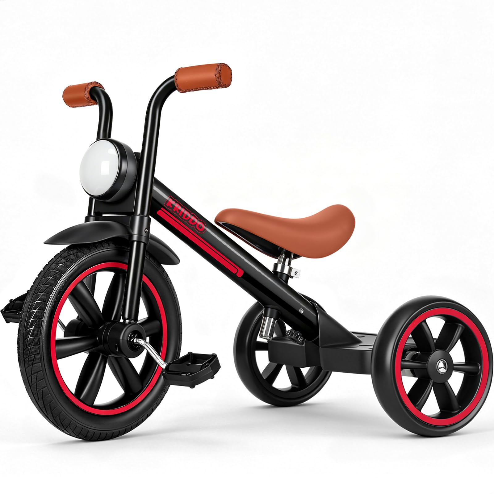 KRIDDO Tricycle for Toddlers 2-5 Years: Rubber Front Wheel, Front Light