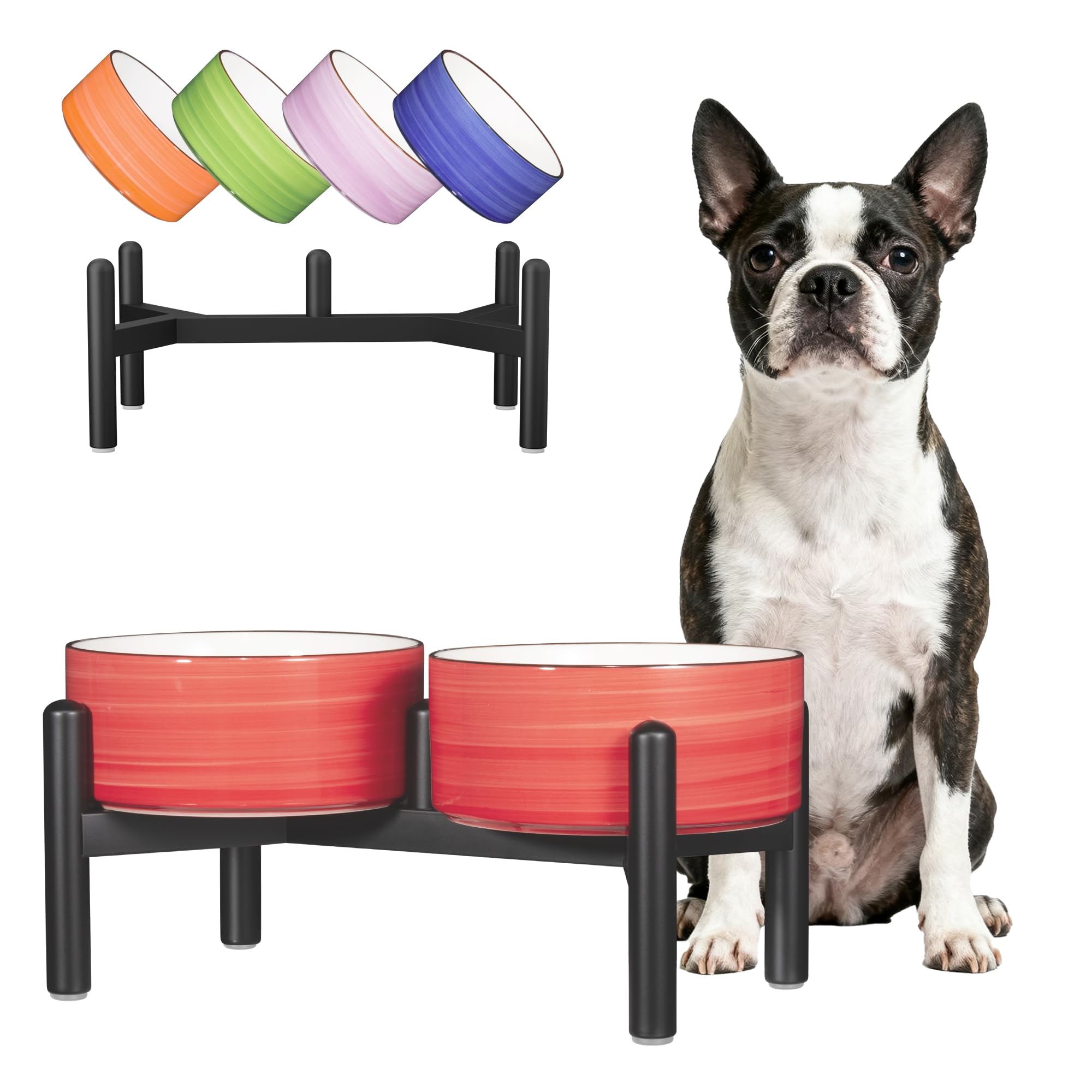 Ceramic Elevated Dog Bowl Set - Dog Feeder Station with Colorful Double Bowls for Small and Medium Size Breed - Non-Slip Raised Dish for Food and Water Feeding- 6 Inch - 3.5 Cups / 22 fl oz - Red
