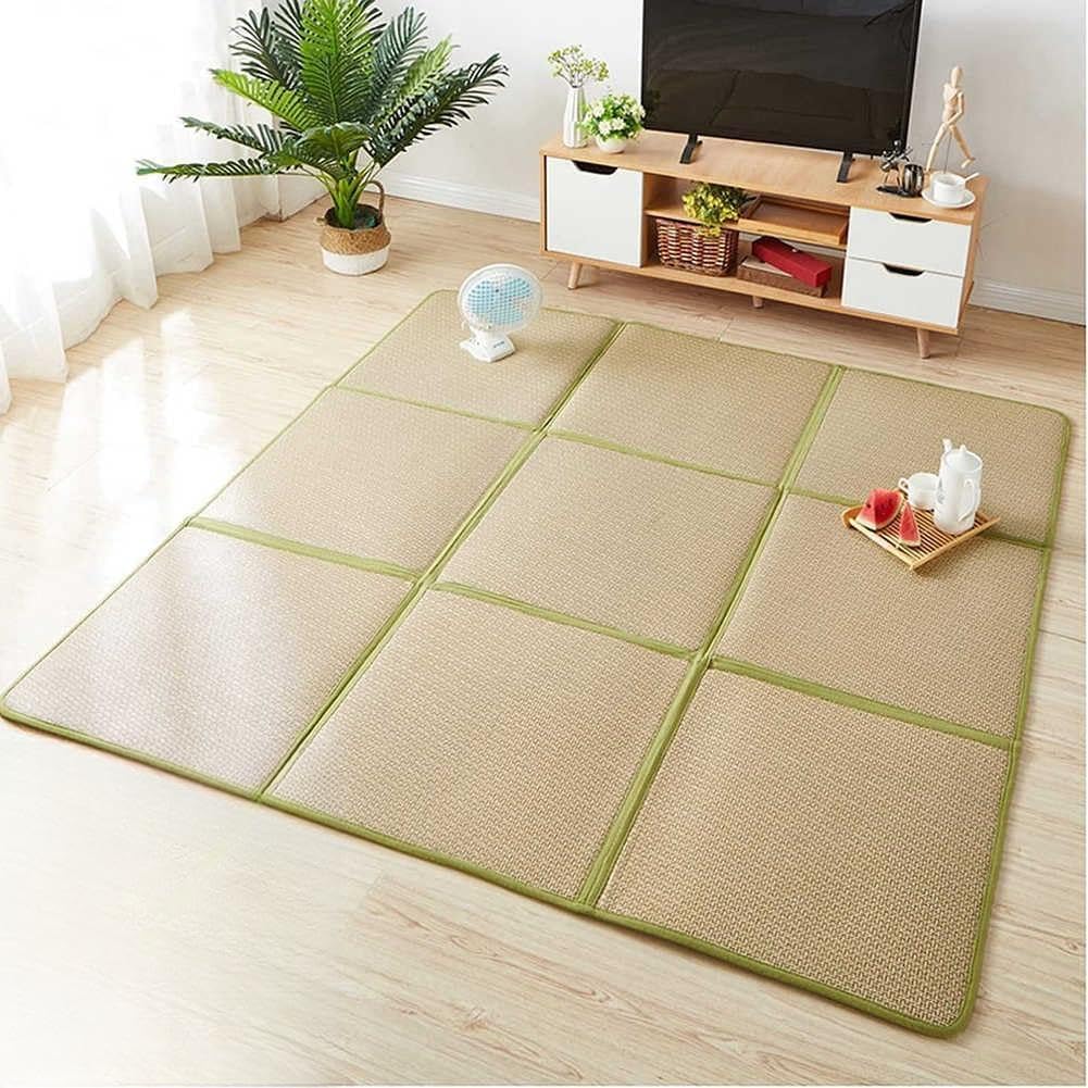Japanese Tatami Floor Mat, Natural Rattan Non-Slip Breathable Area Rug,23.6 X 23.6 Inch Floor Mat with Storage Bag for Living Room Sleeping Crawling Mat