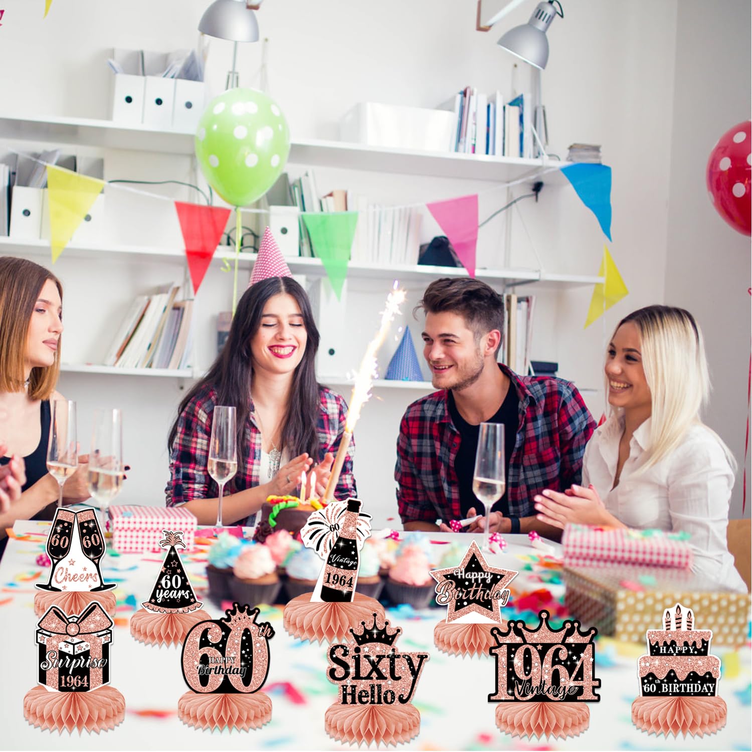 Maoyues 9 decorazioni per 60° compleanno centrotavola a nido d'ape per donne, oro rosa rosa Happy 50th Birthday centrotavola, decorazioni per feste, 1963 Aged to Perfection Table Toppers