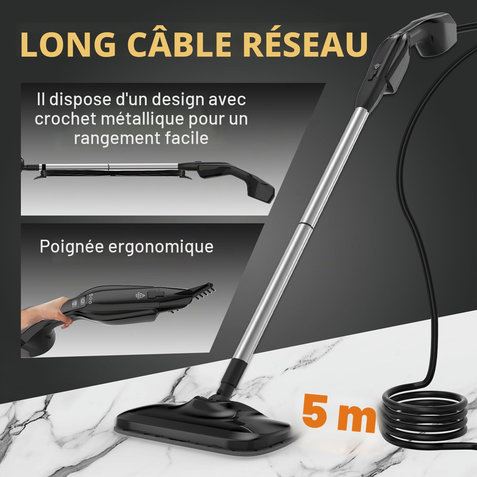 Nettoyeur Vapeur Balai Multifonctions, Chauffe Rapide 30s, 2-en-1 Balai ou Nettoyeur à Main, 2 Réglages de la Vapeur, Réservoir 240ml, 1000W, Sans Produits Chimiques, Balai Vapeur pour tous les Sols