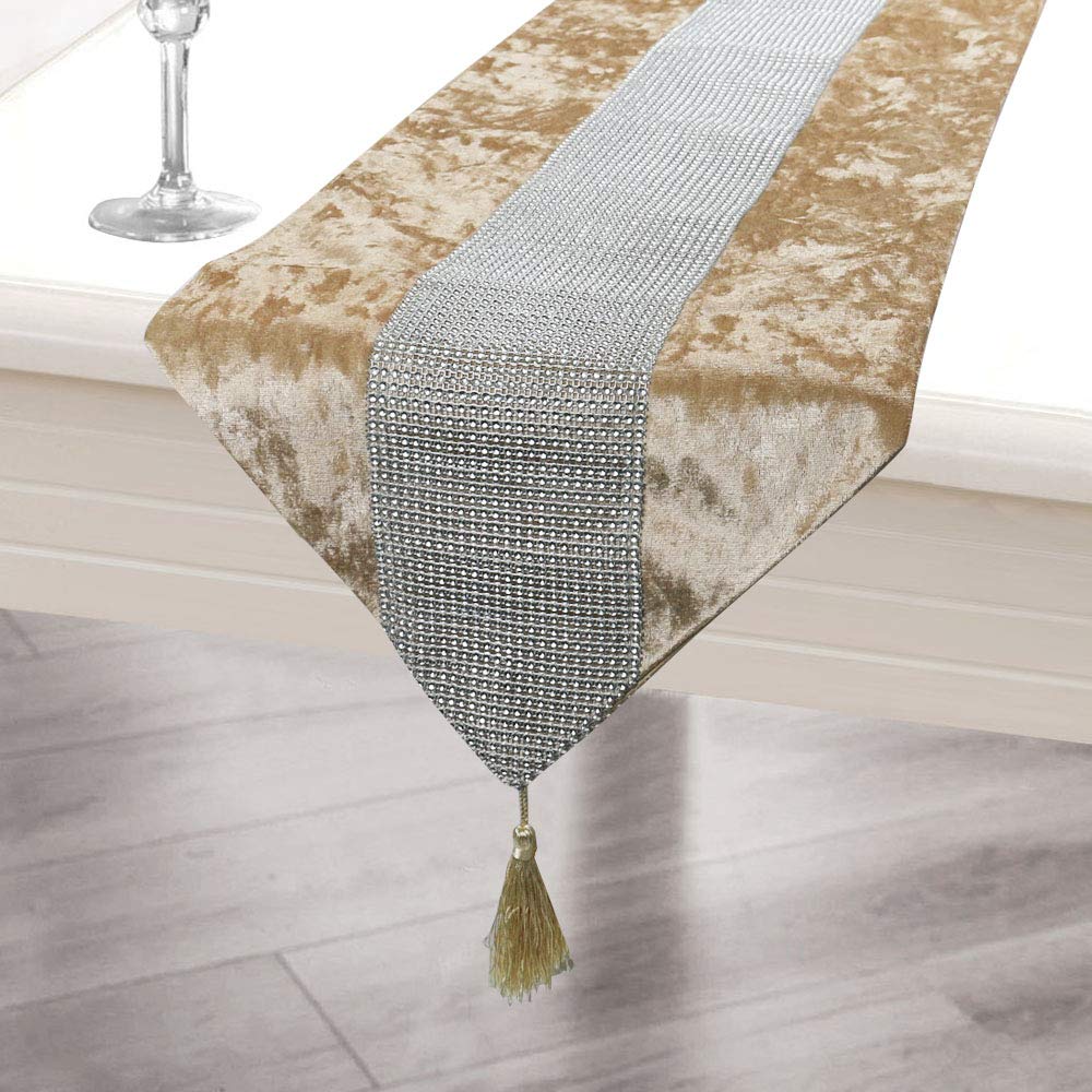Time to Sparkle Set of 1 Velvet Table Runner + 4 Placemat Table Mats Thick Velvet Satin Tasseled Xmas (Velvet-champagne - Image 2
