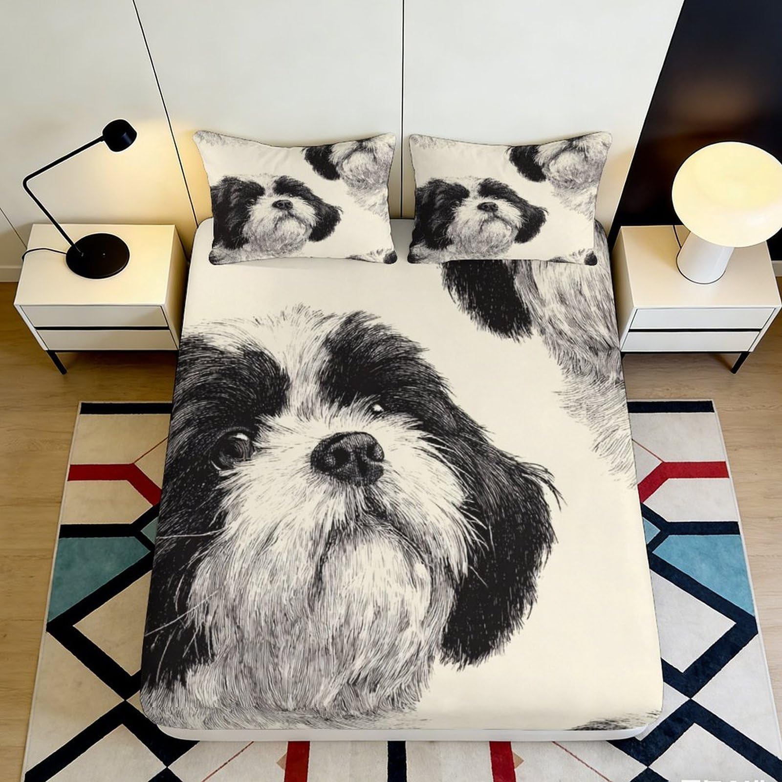 3D Printed Shih Tzu Dog Fitted Sheet Microfiber Soft Breathable Puppy Bed Cover for Bedroom Guest Room Decor 120x200x25cm