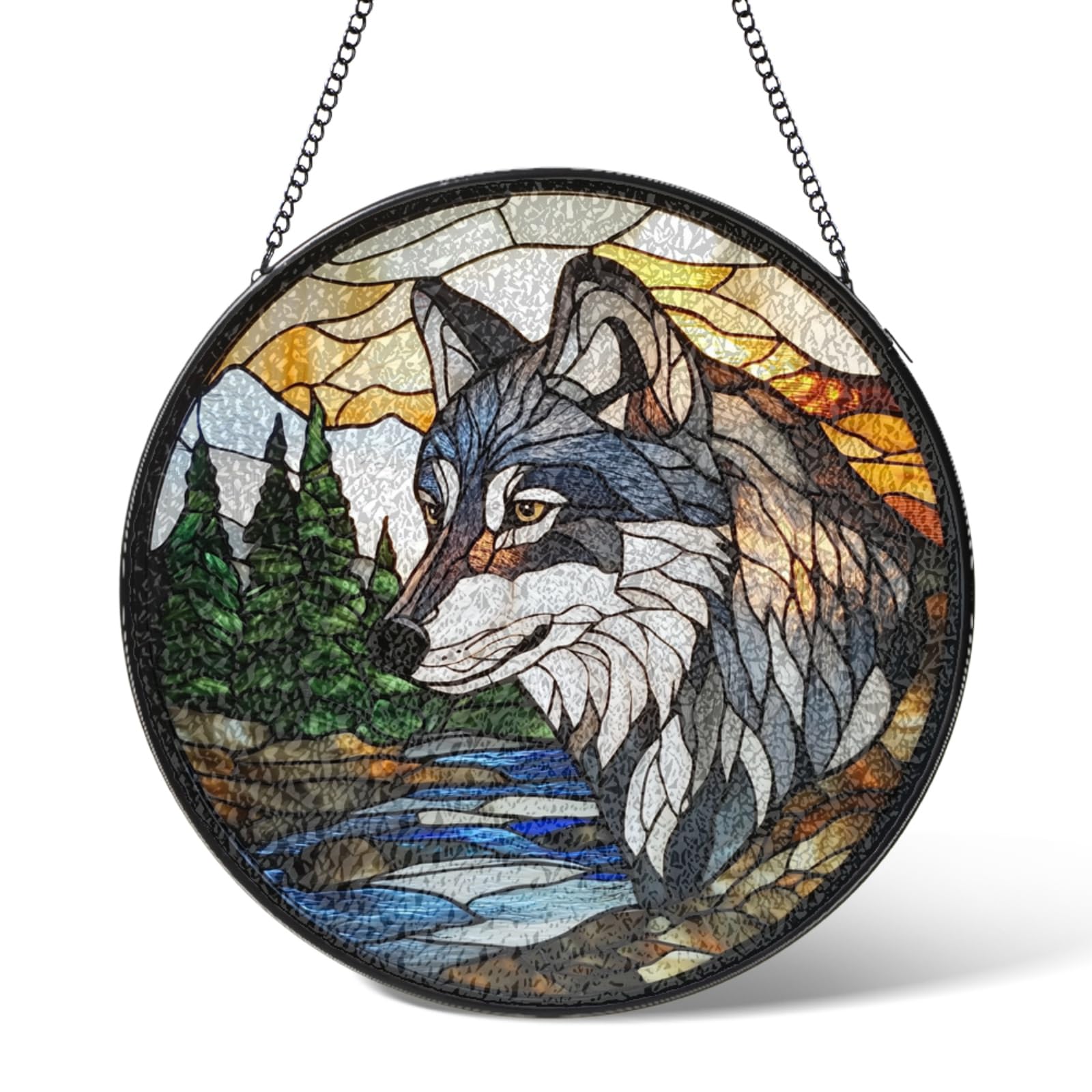Wolf Stained Glass Window Hanging Art Decorations,Wild Wolf Suncatcher Garden Decor Birthday Gifts,Sun Catchers Home Decoration for Bedroom Kitchen Windows,Father's Day for Men 7.9 IN