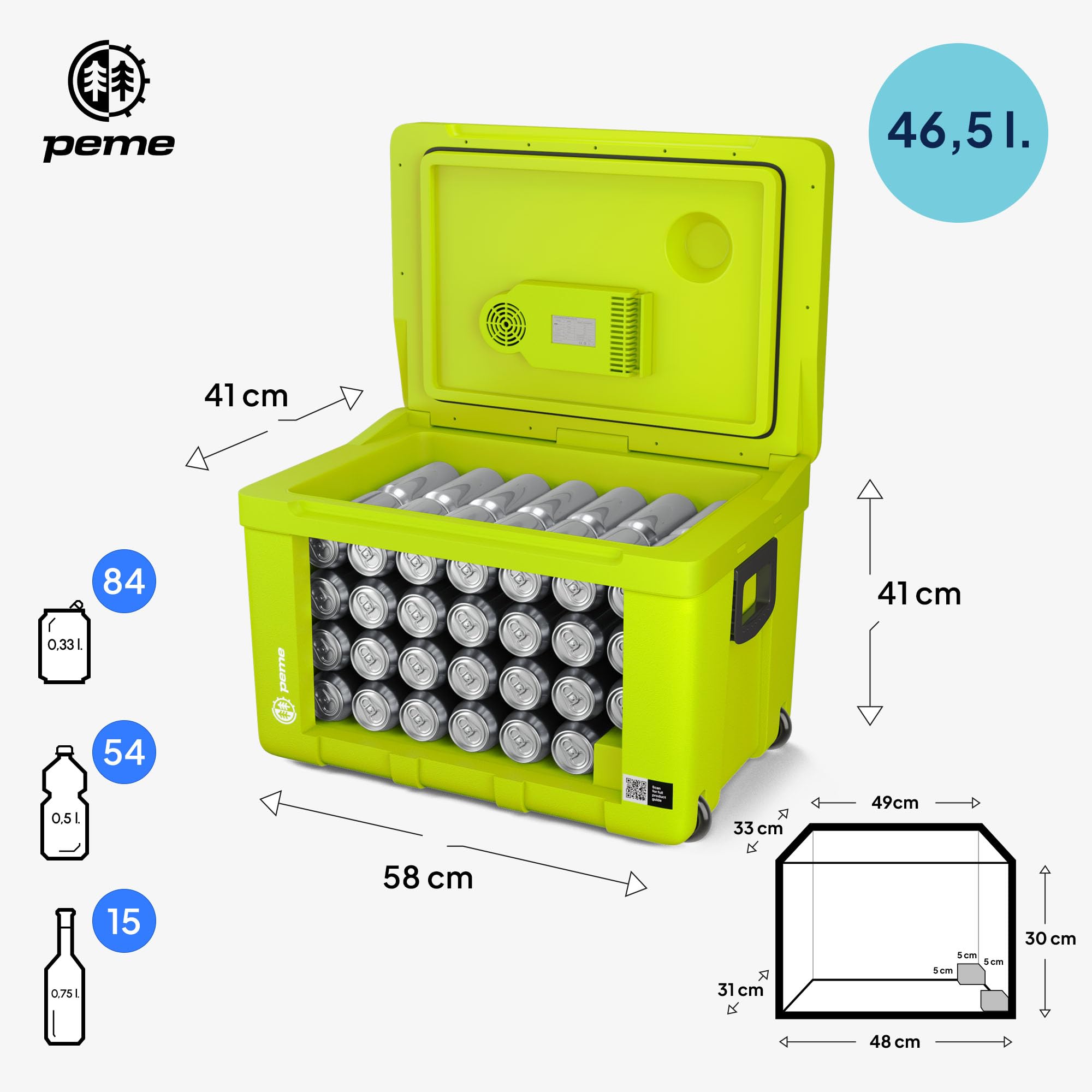 peme Essential Elektryczna Lodówka Turystyczna 46,5L - Chłodzenie i Podgrzewanie Podwójne Zasilanie 12V & 240V Tryb Eco Kółka i Rączka Cicha Praca do Samochodu Kempingu - Essential XL 50 Neon Jungle