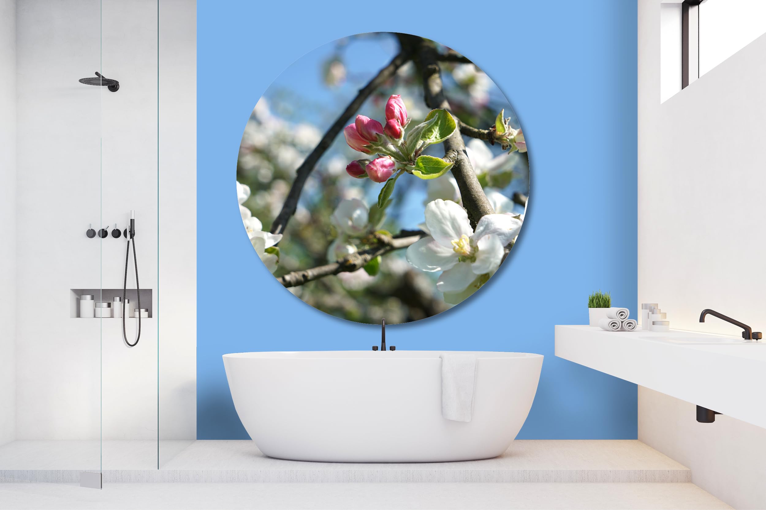 Glücksvilla - Fioritura dei meli 4 (vetro + acrilico 4 mm, Ø 120 cm) | varie misure - quadro murale rotondo - giardino fiori fioritura pianta natura botanica albero ramo ciliegia
