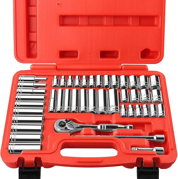 pgroup 44-Piece 1/4 Inch Drive SAE (3/16 in - 9/16 in) & Metric (4 mm - 14 mm) Socket Set, Socket Wrench Set with 90 Tooth Reversible Ratchet Wrench and Extension Bars, Chrome Vanadium Steel