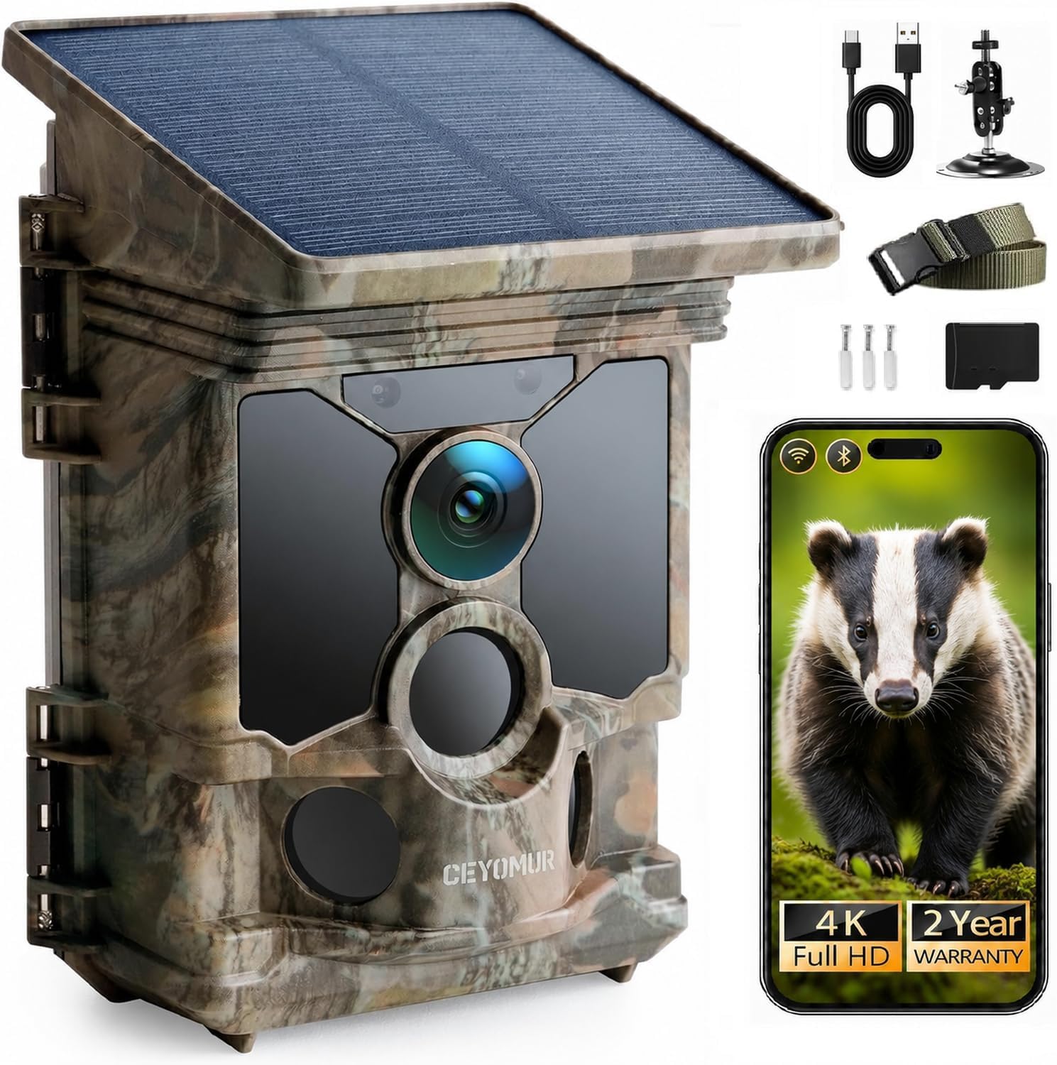 CEYOMUR Caméra de Chasse Solaire 4K 68MP 30fps, WiFi Camera de Chasse | 5200mAh Batterie Rechargeable, Carte Micro SD U3 32GB, Vision Nocturne HD, 0,1 Activée par Mouvement IP66 Étanche