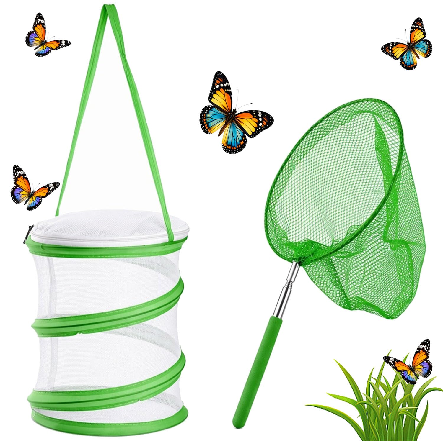 JRZYTX Bug Catcher Collapsible Butterfly Net Bug Butterfly Catcher Extendable, Mini Reproduction Nets for Insect Catching Outdoor Safari Nature Exploration (Green)