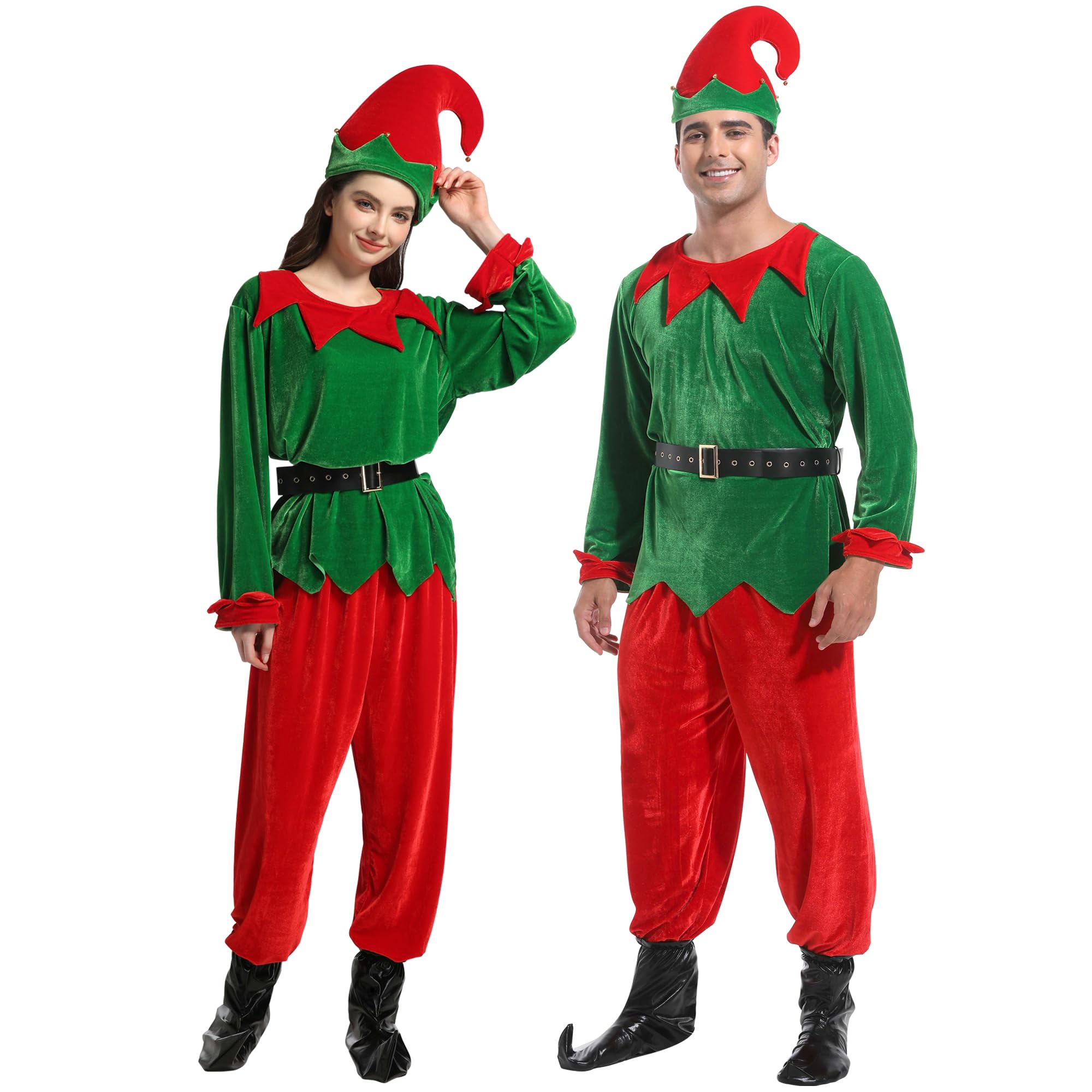JESOHO Costume d'elfe unisexe pour adulte, déguisement de Noël, haut vert, pantalon rouge, ceinture, chapeau, couvre-chaussures. (Taille : S, M, L, XL, XXL)