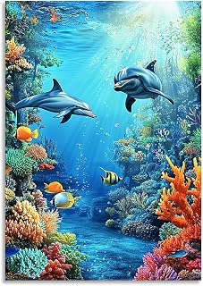 Underwater World Wall Art Decor,Dolphin and Coral Reef Canvas Prints,Ocean Animal Poster,Colorful Fish Painting,Marine Life Artwork for Living Room Bedroom Bathroom-16x24inch(40x60cm)-Unframe-style