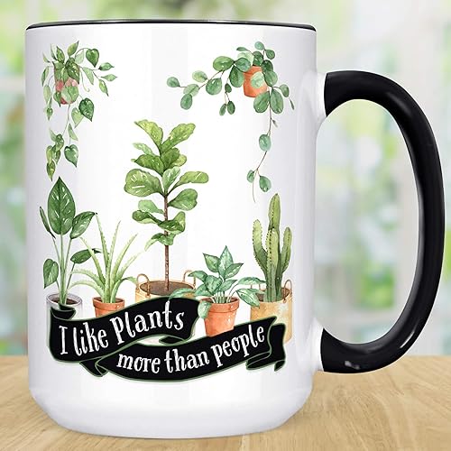 I Like Plants More Than People Mug – Funny Plant Lover Gift for Gardeners & Introverts – 11oz or 15oz Ceramic Cup – White or Black Handle –