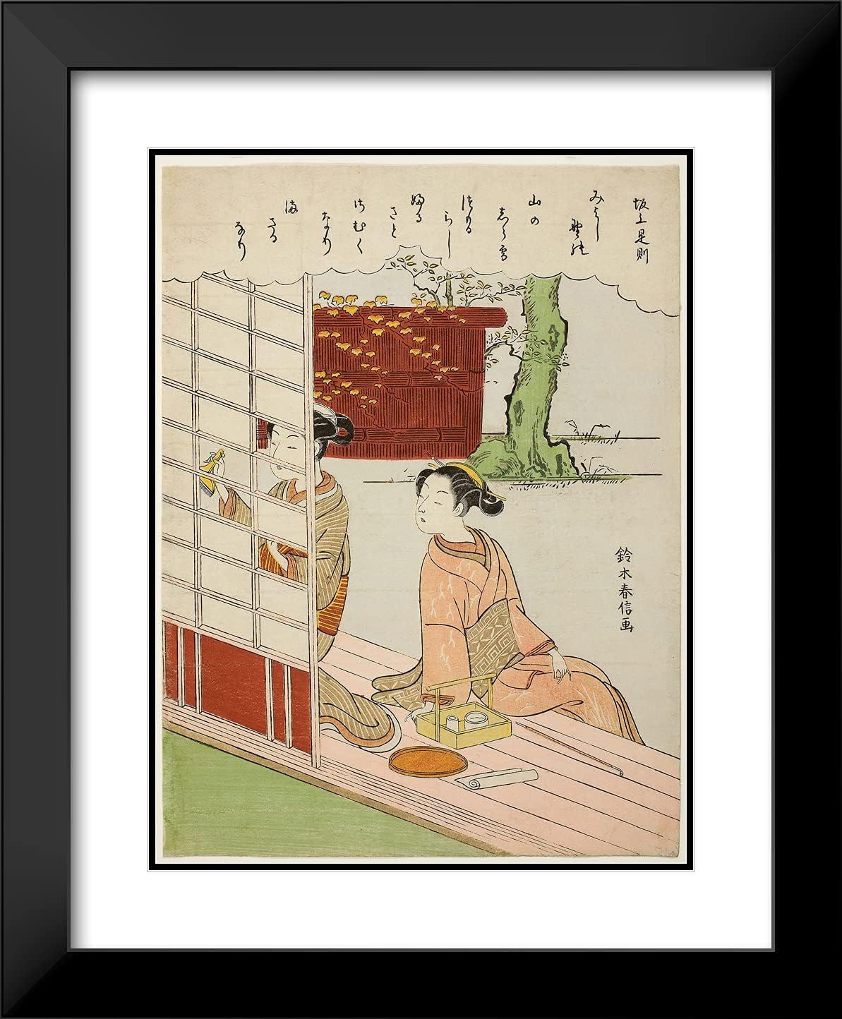 ArtDirect Suzuki Harunobu 20x24 Black Modern Framed and Double Matted Art Print Titled Poem by Sakanoue no Korenori, from an Untitled Series of Thirty-Six Immortal Poets