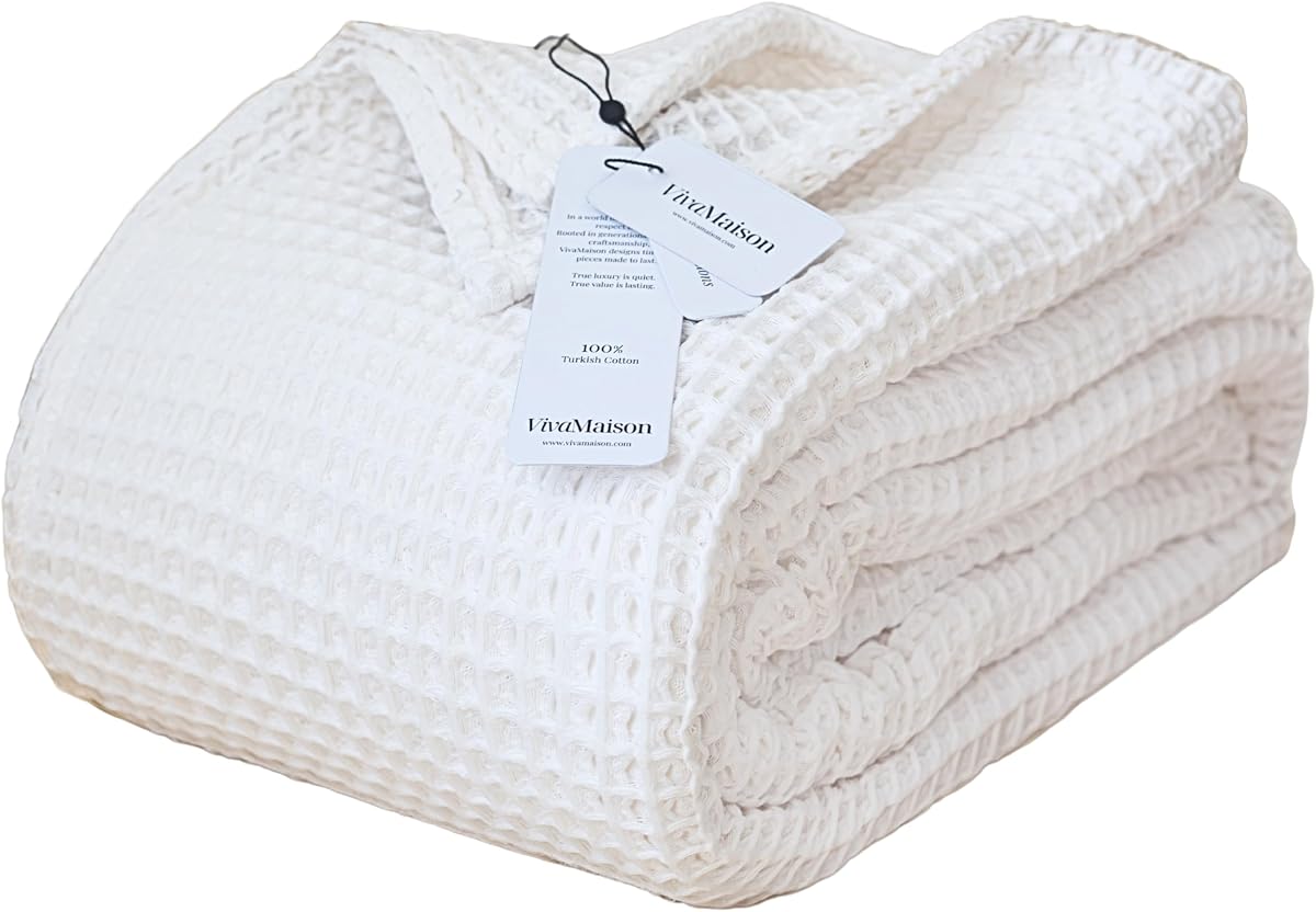 Waffle Blankets (White, California King 95x126 inch) | 100% Turkish Cotton, 3D Honeycomb Weave, Lightweight, Breathable, Airy, Soft Comfy All-Seasons Versatile Blanket & Bedspread