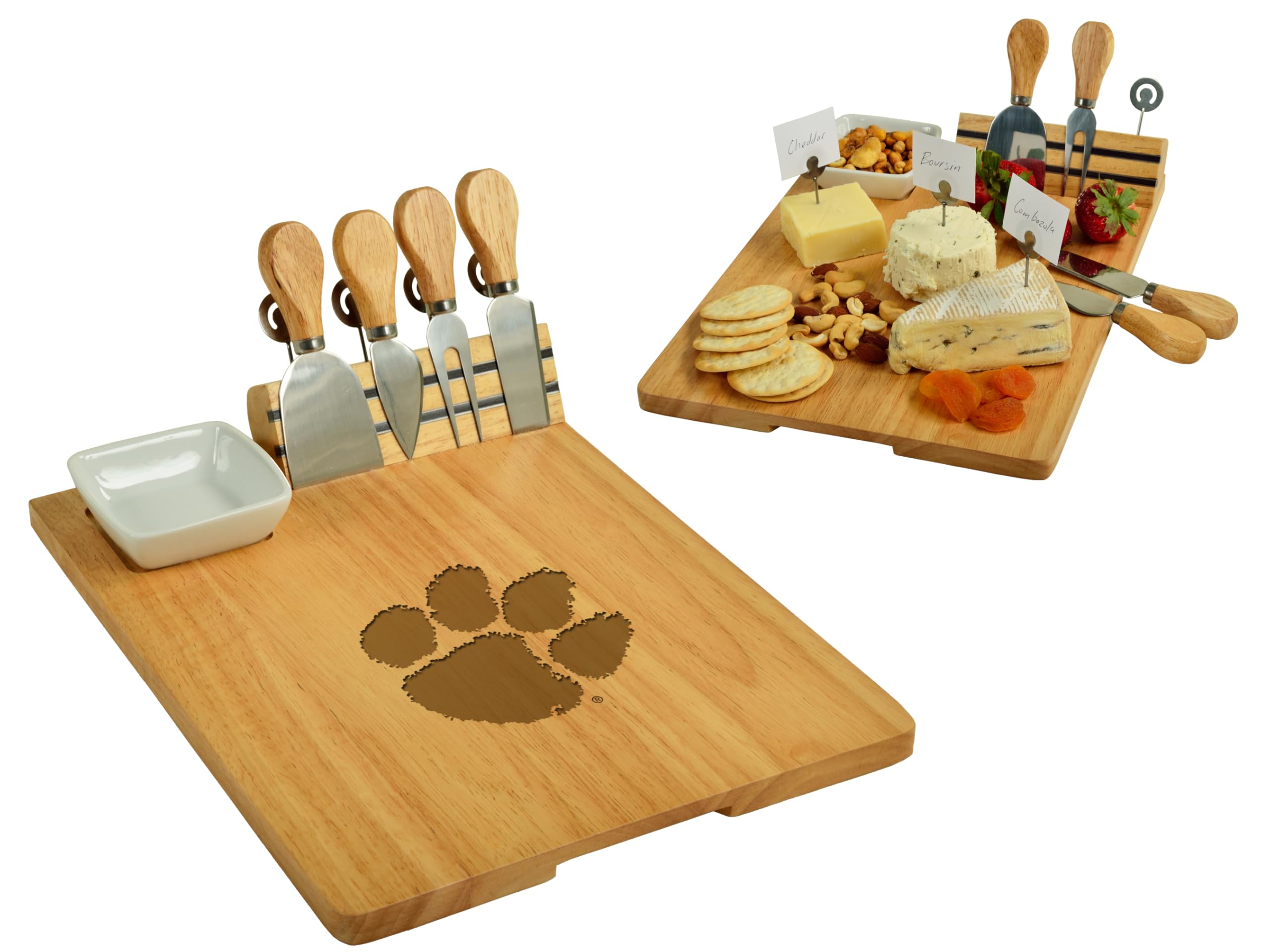 Picnic at Ascot NCAA Clemson Officially Licensed Bamboo Cheese/Charcuterie Board with Ceramic Bowl, Knife Set & cheese Markers