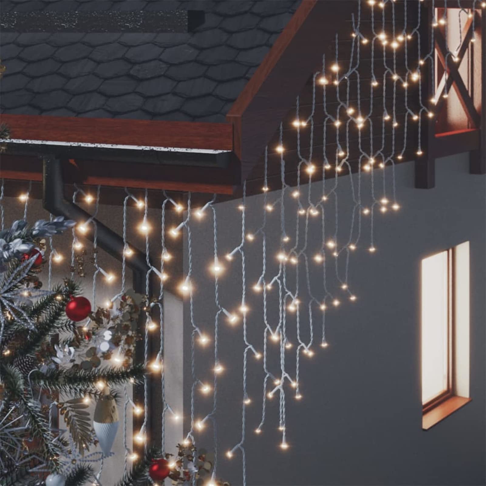 ARKEM Cascata Luci da Esterno,LED Luci Natale Tenda Interno Luci Stringa Natalizie per Finestra Casa Feste Matrimonio Giardino,Luci a Ghiaccioli a LED 10 m 400 LED Bianco Caldo 8 Funzioni