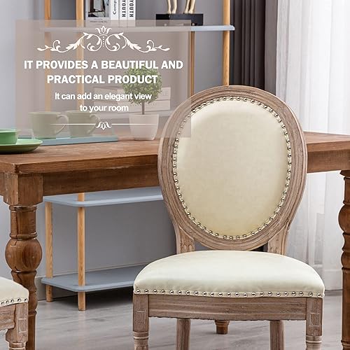 Miniatura 5 de Nrizc Juego de 4 sillas de comedor de campo francés, sillas de comedor de cuero con respaldo redondo, patas de madera maciza, sillas laterales