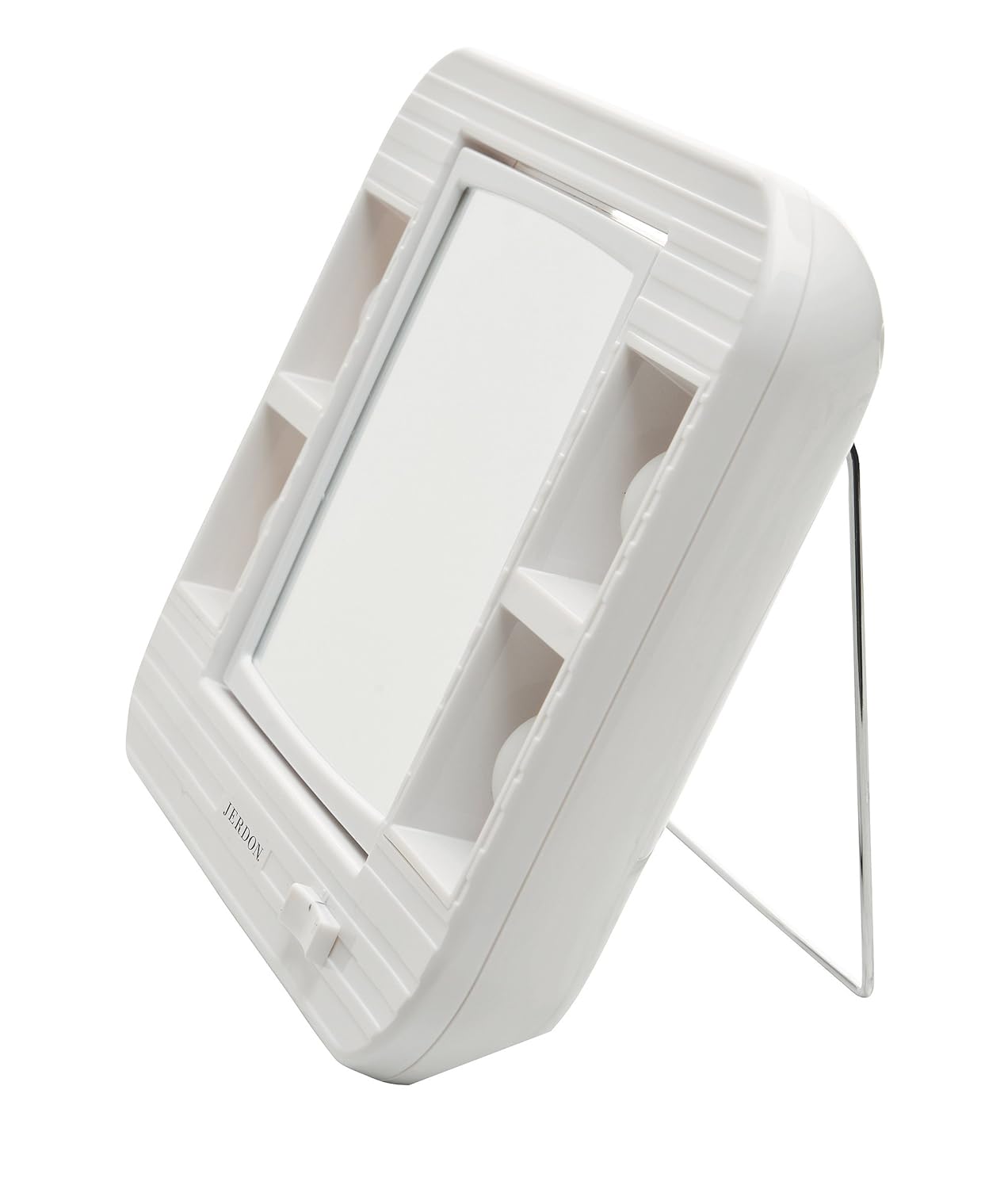 JERDON Two-Sided Makeup Mirror with Lights - Vanity Mirror with 5X Magnification & Two Setting Glare-Free Lighting - White Base - Model J1015