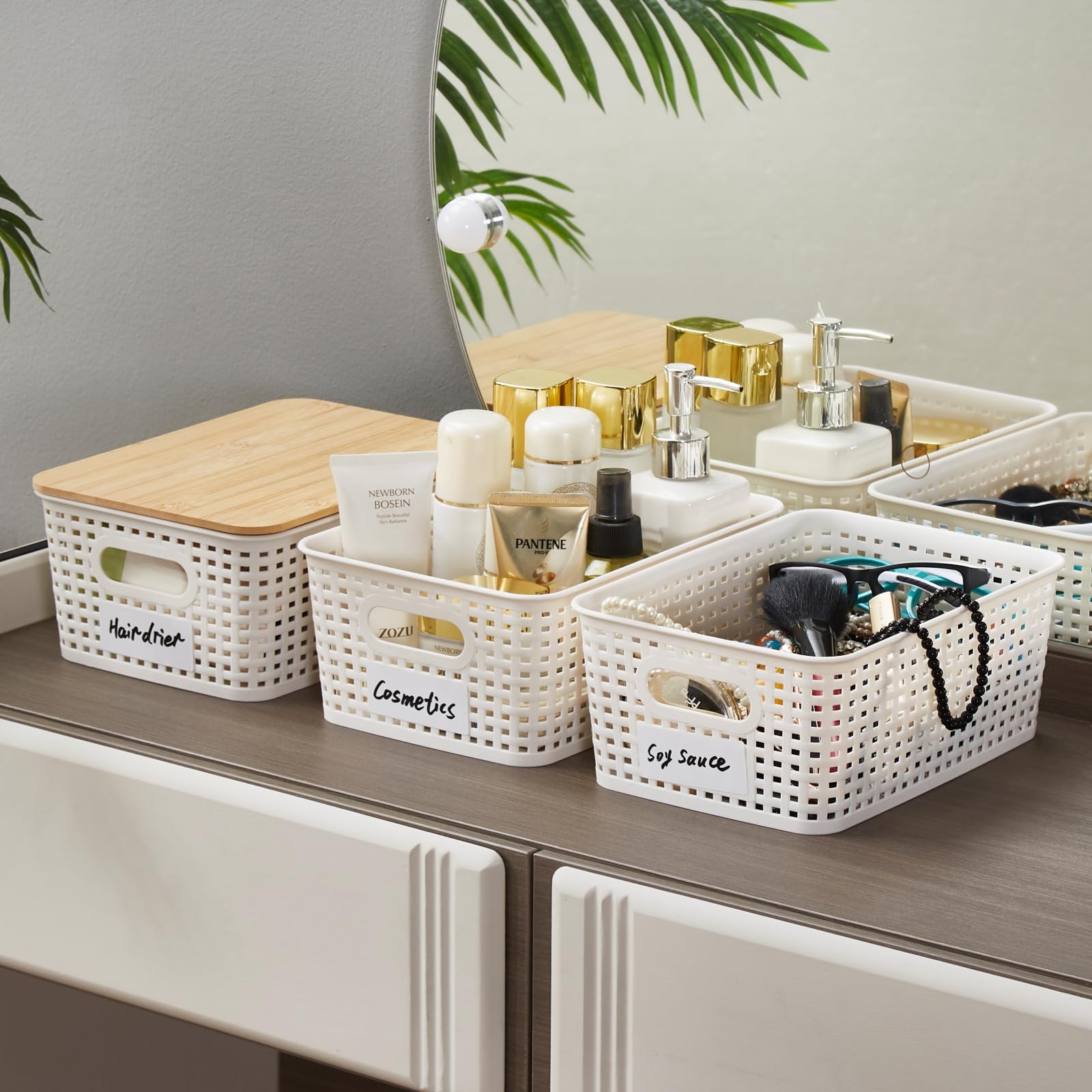 Sagittar Lot de 6 cajas de almacenamiento con tapa de bambú, cesta de almacenamiento de plástico imitación ratán, cajas de almacenamiento apilables, organizador ideal para oficina, armario (Blanco)