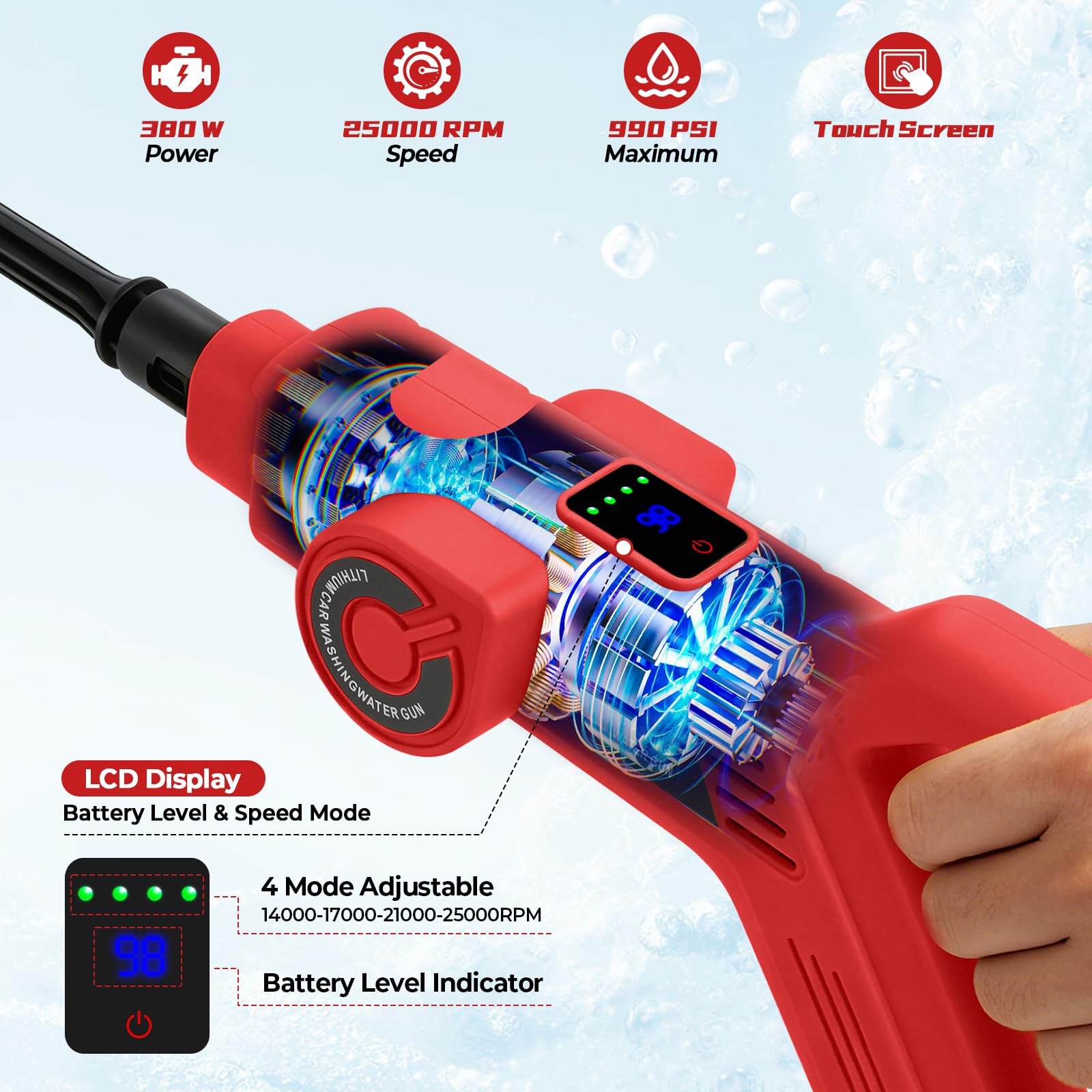 Lavadora a presión inalámbrica compatible con Milwaukee 18 V, 380 W, lavadora eléctrica de mano sin escobillas con boquilla 6 en 1, pistola de lavado a presión de 4 engranajes para limpieza de paredes