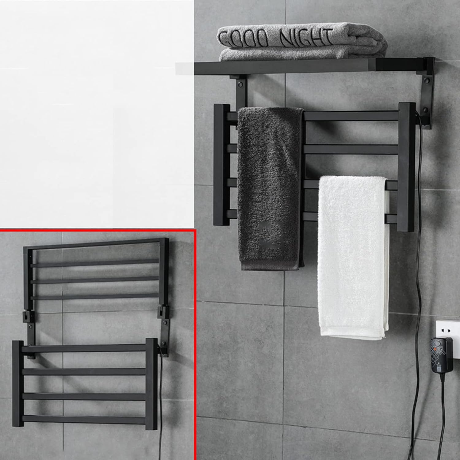 Wall Mounted Electric Heated Towel Rail with Folded Storage Shelf, Black Towel Warmer Rails Bathrooms Aluminum Alloy Smart Thermostat Heating Towel Rail