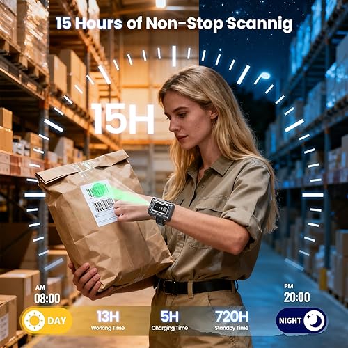 Miniatura 5 de Eyoyo Escáner de código de barras portátil con pulsera escaneo de código 1D 2D rápido manos libres, mini lector de código QR inalámbrico Bluetooth