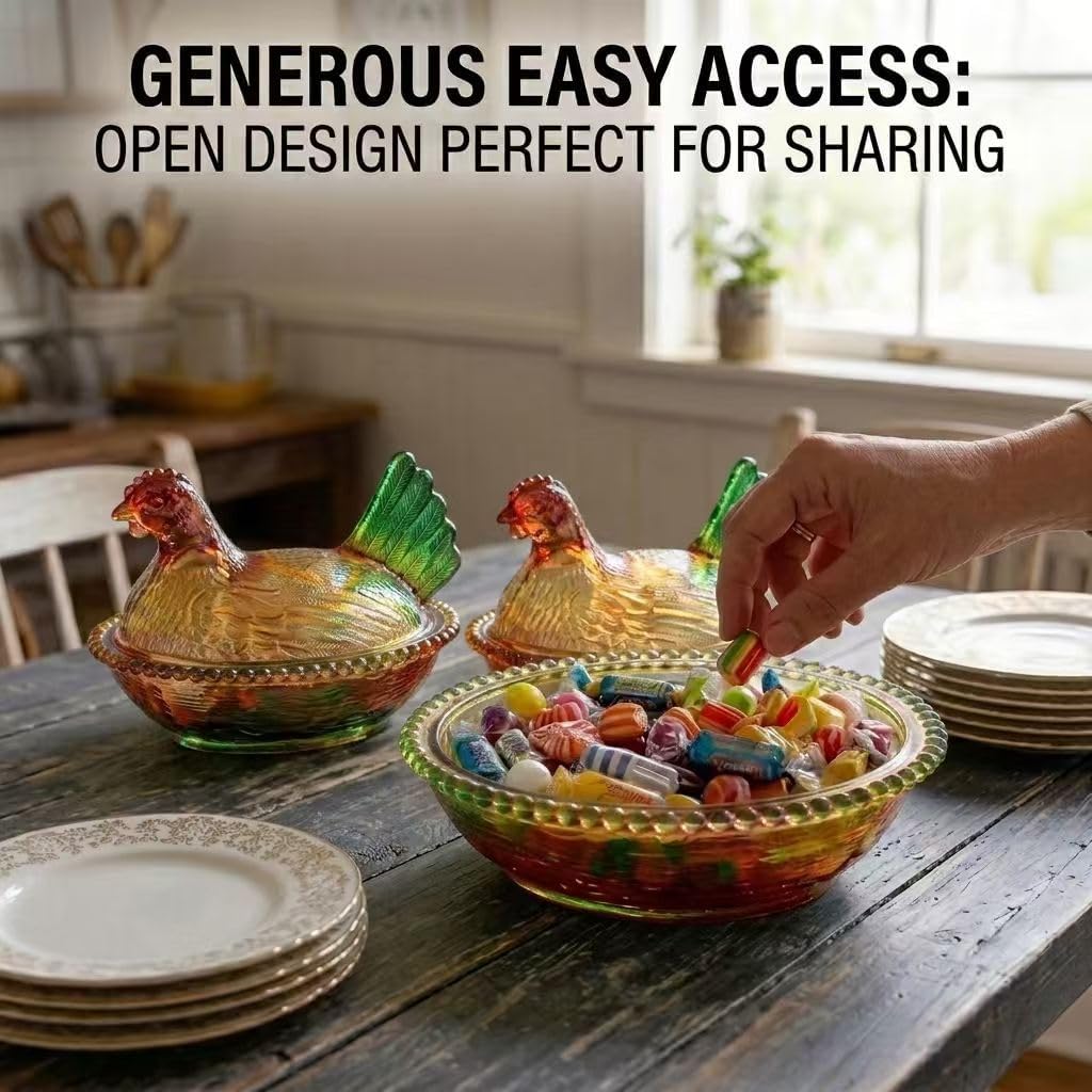 Vintage Glass Hen on Nest Candy Dish with Lid - Chicken Shaped Crystal Candy Jar for Snacks, Dessert, Cookies, Home Kitchen Tabletop Decor (multicolored) image 5