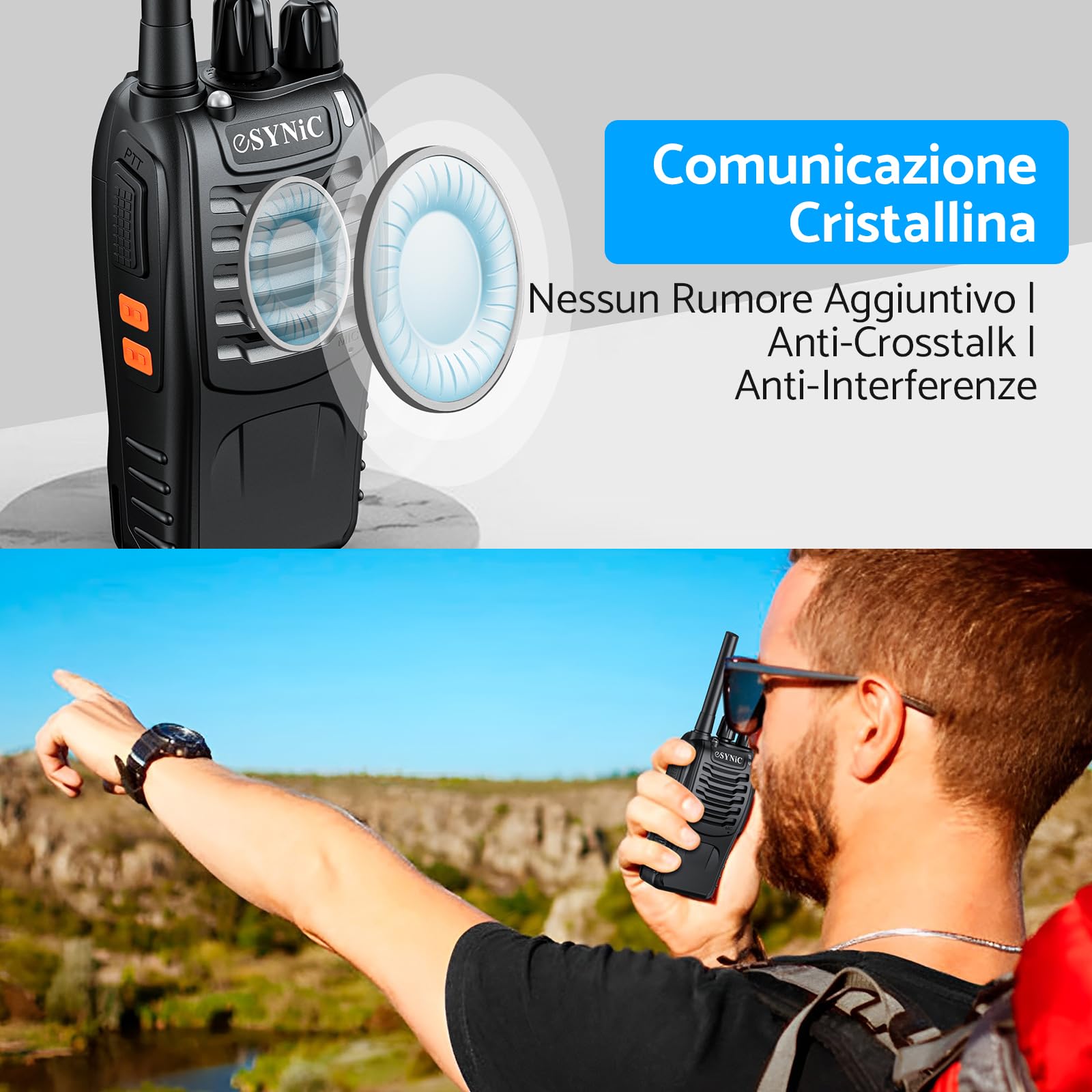 ESYNiC 6 Pezzi Walkie Talkie Radio USB Ricaricabile PMR 446MHz VOX Ricetrasmittente Portatile 16 Canali Singola Banda Walkie-Talkie Professionali con Cavo Auricolari Funzione Torcia Elettrica