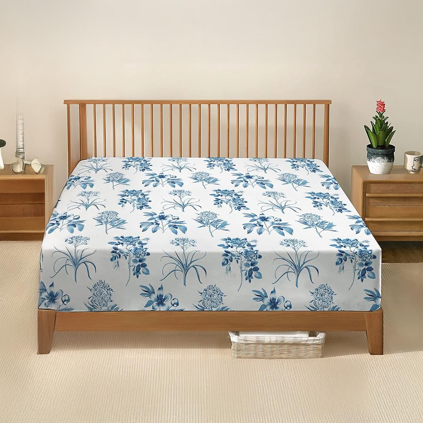 DANYDude 100% Egyptian Cotton Floral Printed Double Fitted Sheet 400 Thread Count Fitted Sheets Double Soft & Machine Washable 30cm/12” Extra Deep Fitted Bed Sheets Room Decor