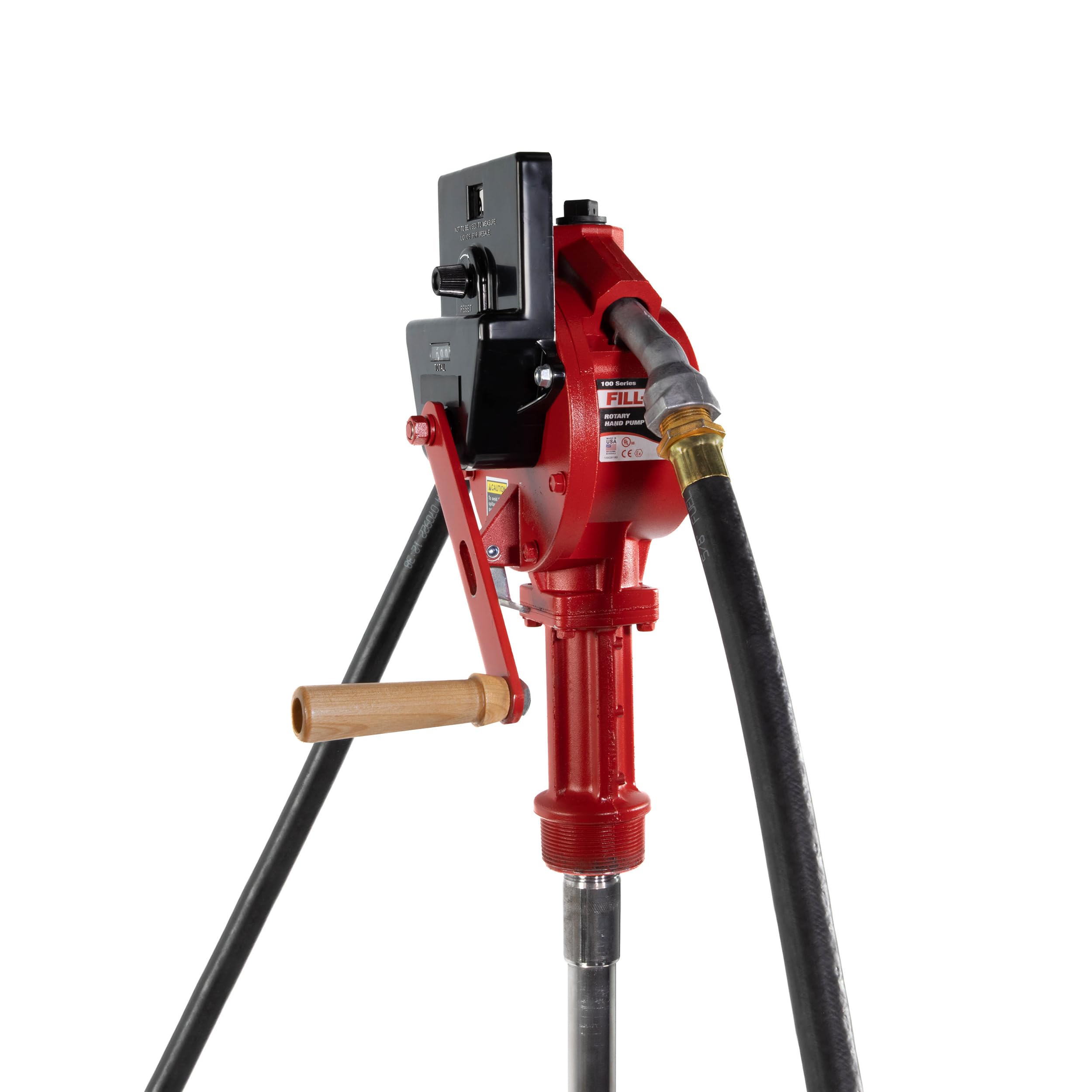 fill-rite fr112c fuel transfer rotary hand pump w/gallon counter, discharge hose, nozzle spout, & suction pipe